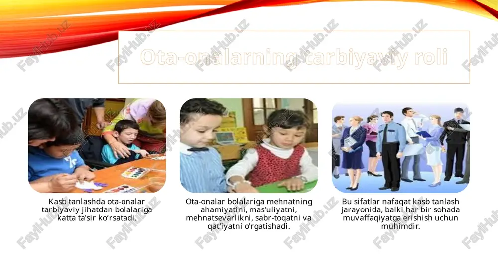 oddiy jihatdan, balki ruhiy va ma'naviy jihatdan ham ahamiyatlidir. masalan, ota-onalar farzandining qiziqishlarini e'tiborga olib, unga o‘z sohasida o‘zini sinab ko‘rish uchun imkoniyatlar yaratishlari mumkin. bu, ayniqsa, yoshlar uchun o‘zlarining kelajakdagi kasb yo‘nalishlarini aniqlashda muhim rol o‘ynaydi. ota-onalarning bosimi va farzandning mustaqilligi kasb tanlashda ota-onalar o‘z farzandlariga ortiqcha bosim o‘tkazmasliklari kerak. ba'zi ota-onalar o‘z orzu va umidlarini farzandlariga yuklab, ularni o‘zlari xohlagan kasblarni tanlashga majbur qiladilar. bu esa farzandning o‘z istaklari va xohishlariga qarshi bo‘lishi, kelajakda noaniqlik va qarama-qarshiliklarga olib kelishi mumkin. shuning uchun ota-onalar farzandlarining qobiliyatlari va qiziqishlariga mos kasb tanlashlariga imkoniyat yaratishlari zarur. ular farzandlariga o‘z fikrlarini bildirishga, qarorlar qabul qilishda mustaqil bo‘lishga yordam berishlari kerak. ota-onalar, shuningdek, farzandlarini o‘zlarining orzu va talablarini emas, balki farzandining o‘ziga xos xohishlari va qobiliyatlariga asoslanib kasb tanlashlariga yo‘l qo‘yishlari zarur. 1. psixologik testlar va anketalar quyida kasb tanlash bo'yicha bir nechta asosiy metodikalarni keltiraman: psixologik testlar va anketalar kasb tanlashda bolalarning …