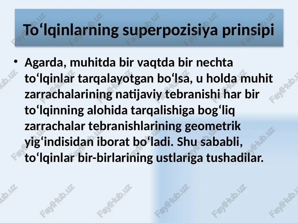harakat energiyasi chopar to‘lqin tarqalishi yo‘nalishi bo‘ylab ko‘chadi energiya ko‘chishi kuzatilmaydi. λ/2 atrofida kinetik va potensial energiyalarning bir- biriga o‘tishi kuzatiladi 19 ξ x ξ2 ξ1 ξ1 - tushuvchi to‘lqin ξ2 - aks etgan to‘lqin chopar va aks etgan to‘lqinlar interferensiyasida turg‘un to‘lqinlar hosil bo‘lishi 20 qotirilgan tasmaning tebranishida turg‘un to‘lqinlar hosil bo`lishi 21 tasmaning l uzunligi yarim to‘lqinning butun sonlariga yoki to‘lqin uzunligi ga teng bo‘lganida tasmada turg‘un to‘lqin paydo bo‘ladi - imkon bo‘lgan chastotalar yoki normal modlar. 22 foydalanilgan adabiyotlar savelev i. v. kurs fiziki. m.: nauka 1989 t. 1 savelev i. v. kurs fiziki. m.: nauka 1989 t. 2 savelev i. v. kurs fiziki. m.: nauka 1989 t. 3 trofimova t. i. kurs fiziki. m.: visshaya shkola, 1985 g. abduraxmanov k.p., egamov u. fizika kursi , 2011 y. detlaf a.a., yavorskiy b.m. kurs fiziki. m.: visshaya shkola, 1989 g. epifanov g.i. fizika tverdogo tela. m. visshaya shkola, …