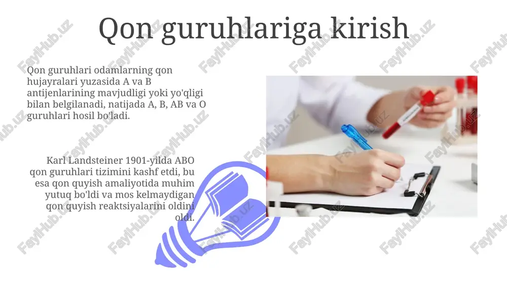 l donorlar hisoblanadi, ammo ular faqat o guruhli odamlardan qon ololishadi. rh-mojoralik va homiladorlik rh-manfiy onalarda rh-muntazam homiladorlikda, ona qonida anti-rh antitanachalari ishlab chiqarilishi xavfi 1-2% gacha yetishi mumkin, bu esa xomilaga ta'sir qilishi mumkin. agar ona rh-manfiy bo'lsa va otasi rh-musbat bo'lsa, homila rh-musbat bo'lishi ehtimoli 50%ni tashkil qiladi, bu esa rh-konflikt xavfini oshiradi. qon guruhlari va kasalliklar 01 02 qon guruhi o(i) boʻlgan shaxslarda oshqozon yarasi ehtimoli yuqori boʻlishi mumkin, chunki ularda helicobacter pylori bakteriyasi yuqori darajada boʻladi, bu esa 1.5 baravar koʻp uchraydi. sales 1st qtr 2nd qtr 100 0 sales 1st qtr 2nd qtr 100 0 e'tiboringiz uchun rahmat image4.jpg image5.jpg image6.jpg image7.jpg image8.jpg image9.jpg image10.jpg image11.jpg image12.jpg image13.jpg image14.jpg image15.jpg image1.jpeg image2.jpeg image3.jpeg