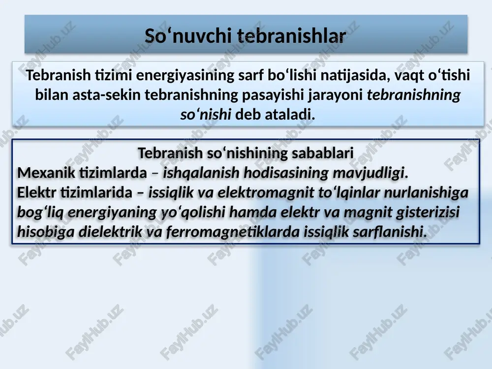 tebranishning fazasi majburiy tebranshning amplitudasi 15 mexanik majburiy tebranishlarning differensial tenglamasi - majbur etuvchi kuch r – qarshilik koeffitsiyenti k – qattiqlik koeffitsiyenti 0 – tebranishning xususiy chastotasi  – majbur etuvchi faktorning chastotasi 16 elektr majburiy tebranishlarning differensial tenglamasi - majbur etuvchi faktor – tashqi eyuk yoki o‘zgaruvchan kuchlanish — zaryad va qo‘yilgan kuchlanish orasidagi faza siljishi q- elektr zaryadi, r – qarshilik, l- induktivlik, s - elektr sig’imi maksimal zaryad tebranish fazasi - differensial tenglama - tenglamaning yechimi 17 tok kuchining o‘zgarishi zaryaddan vaqt bo‘yicha birinchi xosilani olamiz tok kuchining amplitudasi yoki maksimal tok - tok va qo‘yilgan kuchlanish orasidagi faza siljishi umumiy holda 18 rezonans majbur etuvchi kuch chastotasi tebranish tiziminig xususiy chastotasiga yaqinlashganda majburiy tebranishlar amplitudasining birdangina ortishi hodisasi –rezonans hodisasi deb ataladi. rezonans chastotasi rezonans amplitudasi 19 rezonans majburiy tebranishlarning amplitudasi ifodasini ko‘rib chiqamiz 1. majbur etuvchi kuch chastotasi nolga teng bo‘lsin tebranish sodir bo‘lmaydi, …
