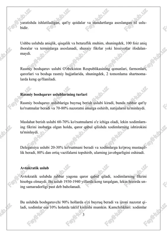 higa olib kelishi mumkin. laissez-faire uslubi 20-asr boshlarida iqtisodiyotda keng qo'llanilgan, ammo hozirda yuqori malakali, o'ziga ishongan jamoalar uchun maqbul hisoblanadi. transformatsion uslub transformatsion uslubda hujjatlar davlat organlari faoliyatini yangilash va optimallashtirish maqsadida innovatsion yondashuvlarni aks ettiradi, bunda 20% gacha resurslarni tejash ko'zda tutilishi mumkin. ushbu uslubda qarorlar tezkor qabul qilinadi, bunda byurokratik to'siqlar bartaraf etiladi va ma'lumotlar 360 gradusli tahlil asosida ko'rib chiqiladi, natijada samaradorlik oshadi. transformatsion uslubda xodimlar o'rtasida 7/24 aloqa o'rnatiladi va shaffoflik ta'minlanadi, bu esa axborot almashinuvini tezlashtiradi va hujjatlarning sifatini 95% gacha yaxshilaydi. strategik uslub strategik uslubda 5-10 yillik uzoq muddatli maqsadlar aniq ifodalanadi, resurslar taqsimoti va muvofiqlashtirish kabi muhim elementlar aks ettiriladi. ushbu uslubda risklarni baholash va ularni kamaytirish strategiyalari ishlab chiqiladi, shuningdek, 360 gradusli monitoring tizimi joriy etiladi. strategik uslubda innovatsiyalarni rag'batlantirish va raqobatbardosh ustunlikni ta'minlash uchun 7 asosiy yo'nalish bo'yicha aniq ko'rsatmalar beriladi. aloqa uslubi "aloqa uslubi" davlat organlari va tashkilotlari o'rtasidagi …