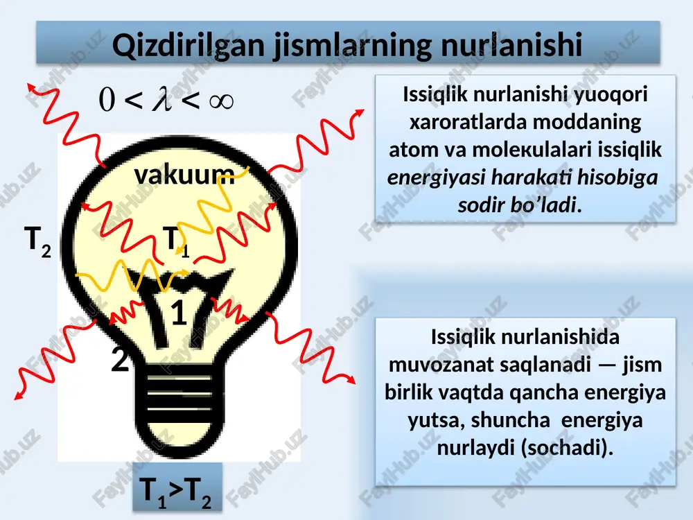 f ultrabinafsha fojiyasi!!! 12 energiya kvantlari kattaligi nurlanish chastotasiga bog’liq bo’ladi - plank doimiysi plank gipotezasi (1900 y.) plank gipotezasiga ko’ra, moddaning nur chiqarishi va yutishi uzluksiz sodir bo’lmay, chekli porsiyalar – energiya kvantlari orqali sodir bo’ladi. energiya porsiya ko’rinishida nurlangani uchun, ostsillyator energiyasi faqat aniq diskret – kvantlarning butun sonlariga karrali bo’lgan qiymatlarni qabul qiladi: 13 klassik nazariyada kvant nazariyada ostsillyatorning o’rtacha energiyasi kirxgofning universal funksiyasi (nur chiqarish qobiliyati) kichik chastotalar sohasida plank ifodasi klassik ko’rinishga o’tadi. 14 fotoelektrik effect deb elektromagnit nurlanish ta’sirida elektronlarning urib chiqarilish xodisasiga aytiladi. tashqi fotoeffekt- fotoelektron emissiya – bu elektromagnit nurlanish ta’sirida electron chiqarilishi. ichki fotoeffekt —bu elektromagnit nurlanish ta’sirida yarim o’tkazgich yoki dielektrikda elektronlarni bog’langan holatdan erkin holatga o’tishidir. 15 16 fotoeffekt tajribasining chizmasi shishali vakuumli ballon yorug’lik manbai tok manbai voltmetr katod anod ampermetr reostat 17 fotoeffektning volt –amper xarakteristikasi - to’yinish toki - to’xtatuvchi potensial 18 n – katodning 1 …