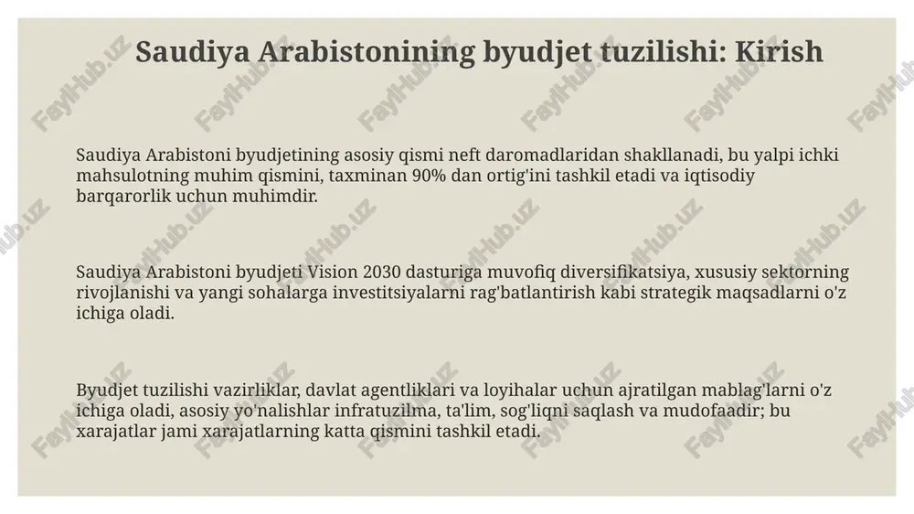ligi hukumat daromadlari xarajatlardan yuqori bo'lganida vujudga keladi, bu esa qarzni kamaytirish, zaxiralarni to'ldirish yoki iqtisodiyotni rivojlantirish uchun investitsiyalarni amalga oshirish imkonini beradi. bu mamlakat neft narxlari yuqori bo'lganda kuzatilgan. neftning byudjetga ta'siri neft saudiya arabistoni byudjetining asosiy qismi boʻlib, 2023-yilda daromadning 70% dan ortigʻini taʼminladi, bu iqtisodiyotning ushbu resursga juda bogʻliqligini koʻrsatadi. neft narxining oʻzgarishi saudiya arabistoni byudjetiga katta taʼsir koʻrsatadi; narxlar pasayishi byudjet taqchilligiga olib kelishi mumkin, bu esa xarajatlarni qisqartirish yoki qarz olishni talab qiladi. saudiya arabistoni 2030-yilga borib neftga qaramlikni kamaytirish, neftdan tushadigan daromadning ulushini 50% gacha kamaytirish va iqtisodiyotni diversifikatsiya qilishni maqsad qilgan. saudiya arabistoni vision 2030 va byudjet 2030 vizyasi doirasida xususiylashtirish dasturlari orqali davlat byudjeti xarajatlarini kamaytirish va xususiy sektorni rivojlantirishga urg'u berilmoqda. saudiya arabistonining 2030 viziyasi neftga qaramlikni kamaytirish, iqtisodiyotni diversifikatsiya qilish maqsadida turizmga katta sarmoya kiritishni ko'zda tutadi. byudjetda infratuzilmani yaxshilash, ta'limni modernizatsiya qilish va sog'liqni saqlash xizmatlarini kengaytirish orqali inson …