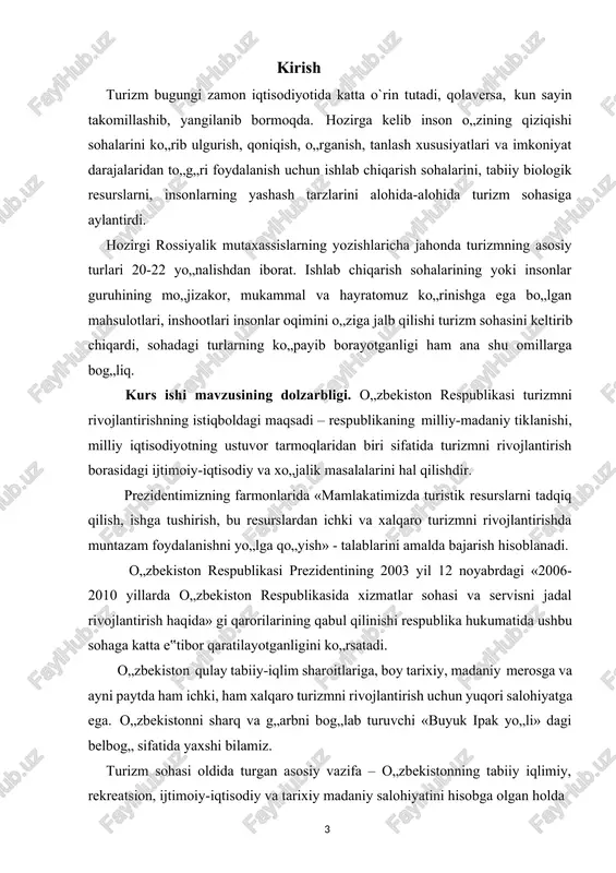 servis instituti” «xalqaro turizm va turizm servisi» kafedrasi i.s.tuxliyev “turizm asoslari ” fanidan o„quv qo„llanma, samarqand 2010.; “toshkent davlat iqtisodiyot universiteti” mirzayev murod ahmadjonovich, aliyeva mahbuba to„ychiyevna “turizm asoslari fanidan” o‟quv qo‟llanma, toshkent 2011.; “samarqand iqtisodiyot va servis instituti” m.n. pardayev, r.atabayev ma‟ruzalar matni, samarqand 2007.; “toshkent davlat iqtisodiyot universiteti” f.s. qulimurotov, ”turizm infratuzilmasi”, o‟quv qo‟llanma. –toshkent 2007.; “samarqand iqtisodiyot va servis instituti” r.xayitboyev. r.amriddinova – “turizmning maxsus turlari”, uslubiy qo„llanma. samarqand 2008.; “samarqand iqtisodiyot va servis instituti” n.e.ibodullayev - “o‟zbekistonning turistik resurslari” (ma‟ruzalar matni), samarqand, 2008.; x.abulqosimov. “o‟zbekistonda turizmni rivojlantirish muammolari va istiqbollari”. magistirlik dissertatsiyasi. tdiu 2005 – 81 b. rossiyalik mutaxasislar: m.b. birjakov «vvedeniye v turizm» izdatelstvo dom gerda, 2006.; a.p. durovich «organizatsiya turizma» moskva 2005.; v.a. kvartalnov «teoriya i praktika turizma». moskva.; «finansi i statistika». moskva, 2003. mavzuni tayyorlash jarayonida quyidagi saytlardan foydalandim: 1. http://www.travel.ru/news/2012/09/08/205330.html; 2. www.uzbektourizm.uz 3. www.interunion.ru; 4. www.world-tourism.org; 5. www.travel-library.com; 6. http://data.worldbank.org/indicator/st.int.arvl; 7. www.uza.uz …