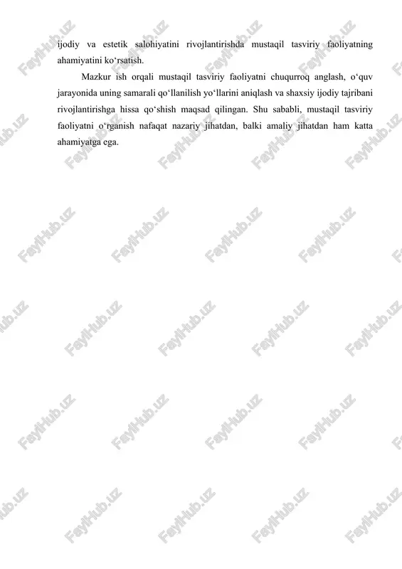 amiyatlidir: 1. shaxsiy o‘sish va rivojlanish nuqtai nazaridan – bu faoliyat shaxsning ijodiy potensialini ochish, shaxsiy uslubini shakllantirish, estetik didini chuqurlashtirish imkonini beradi. mustaqil ishlar orqali o‘quvchi yoki ijodkor o‘z xatolarini aniqlash, yangiliklar kiritish va natijalarni tahlil qilish imkoniyatiga ega bo‘ladi. 2. badiiy va ta’limiy jarayon nuqtai nazaridan – mustaqil tasviriy faoliyat o‘quvchilarni mustaqil fikrlashga, ijodiy vazifalarni hal qilishga o‘rgatadi. u nafaqat texnik ko‘nikmalarni rivojlantiradi, balki badiiy tushunchalar va estetik qadriyatlarni amaliyotda qo‘llashga yordam beradi. shu tariqa, shaxsiy ijodiy faoliyat va o‘quv jarayoni uyg‘unlashadi. mustaqil tasviriy faoliyatning mazmuni va yo‘nalishlari ham xilma-xildir. u chizmalar, eskizlar, rangli va qora-qalam ishlari, dizayn va kompozitsiyalar, eksperimental badiiy texnikalar orqali ifodalanadi. bu jarayonda ijodkor o‘z hissiyotini rang, shakl va chizmalar orqali ifodalaydi, muayyan kompozitsion yechimlarni izlaydi va badiiy asar yaratadi. shuningdek, mustaqil tasviriy faoliyat shaxsning ijodiy qaror qabul qilish va muammolarni hal qilish qobiliyatini rivojlantiradi. masalan, o‘quvchi yoki rassom tasviriy muammo oldida turib, materiallar, …