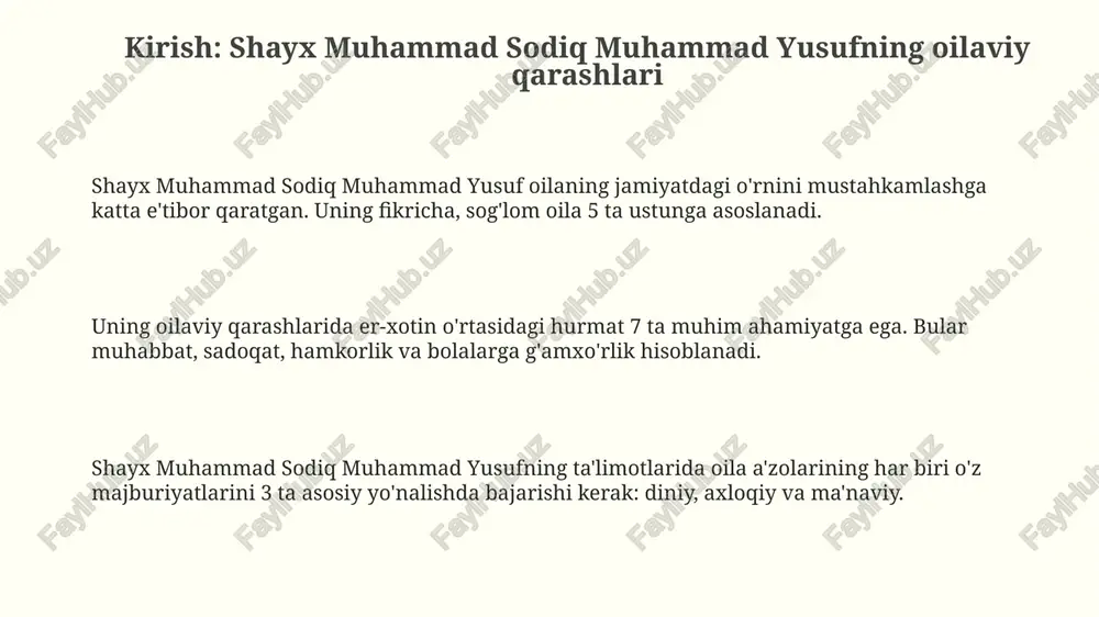 rni bartaraf etadi. oila a'zolari o'rtasida ertalabki 15 daqiqalik muloqot, kun davomida yuzaga kelishi mumkin bo'lgan muammolarni oldini olishga yordam beradi, shuningdek, o'zaro hurmatni oshiradi va aloqalarni mustahkamlaydi. oilaviy muammolarni hal qilishda murosaga kelish juda muhim. har bir tomon o'z nuqtai nazarini himoya qilish bilan birga, boshqa tomonning fikrini ham inobatga olishi, 75% holatlarda yechim topishga olib keladi. qarindoshlar bilan munosabatlar: mehr-oqibat va sadoqat sadoqat va mehr-oqibat qarindoshlar o'rtasida muvozanatni saqlashda, ularning holidan xabardor bo'lishda va moddiy yordam berishda namoyon bo'ladi, hatto ular bilan kelishmovchiliklar bo'lsa ham. qarindoshlar bilan munosabatlarda mehr-oqibat, ayniqsa, onaning haqqini ado etish muhim, chunki payg'ambar muhammad sollallohu alayhi vasallam buni uch marta ta'kidlaganlar. shayx muhammad sodiq muhammad yusuf qarindoshlar bilan munosabatlarni mustahkamlashda 70 ta uzr topish va oila a'zolarining ahvolini muntazam ravishda so'rashni tavsiya qilgan. jamiyat va oila: o'zaro ta'sir jamiyat oilaga ijtimoiy-iqtisodiy, madaniy ta'sir o'tkazadi, jumladan, 201-modda orqali, bu oilaning moddiy ahvoli, ma'naviy qadriyatlari va …