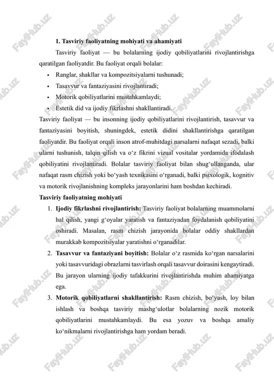 bo‘lgan qiziqishini va go‘zallikni qadrlash qobiliyatini oshiradi. 5. shaxsiy o‘zini ifodalash: bolalar o‘z his-tuyg‘ularini, kayfiyatini va ichki dunyosini rasm orqali ifodalaydi. bu jarayon ularning emotsional rivojlanishi va o‘zini tushunishiga ijobiy ta’sir ko‘rsatadi. tasviriy faoliyatning ahamiyati · pedagogik nuqtai nazardan, tasviriy faoliyat bolalarning mantiqiy fikrlashini, diqqatini jamlashini va o‘rganishga bo‘lgan qiziqishini oshiradi. · psixologik jihatdan, bolalar o‘z hissiyotlarini ijobiy yo‘l bilan ifodalash orqali ichki stressni kamaytiradi va ruhiy holatini barqarorlashtiradi. · madaniy va estetik jihatdan, tasviriy faoliyat bolalarga san’at va madaniyatga bo‘lgan qiziqishni uyg‘otadi, ular orqali ijodiy va madaniy tajriba orttiradi. shunday qilib, tasviriy faoliyat insonning barcha tomonlama rivojlanishida muhim vosita bo‘lib, u nafaqat ijodiy qobiliyatlarni shakllantiradi, balki psixologik, kognitiv va estetik rivojlanishga ham bevosita ta’sir qiladi. bu jarayon pedagogik amaliyotda bolalarni yanada samarali va mazmunli rivojlantirishning asosiy yo‘llaridan biridir. 2. bolalarni tasviriy faoliyatga o‘rgatish usullari · kuzatish va imitatsiya: bolalar tabiatdagi yoki atrof-muhitdagi narsalarni kuzatib, ularni chizish va bo‘yash orqali …