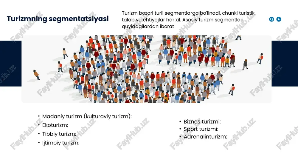 va boshqa xizmatlar orqali. brend yaratish: turizm bozoridagi brendlarni yaratish, mijozlarga ishonchni oshirish brend yaratish — bu kompaniyaning o‘ziga xosligini va qiymatini taqdim etish, uning maxsus xususiyatlari va qadriyatlarini mijozlarga etkazishdir. 2024 texnologiyaning turizm marketingidagi roli 1.internet marketing: seo, sem, onlayn reklama va ijtimoiy media marketingi 2. mobil texnologiyalar: turistlar uchun mobil ilovalar, gps tizimlari va ularning marketingdagi o‘rni 3. big data va ai: ma'lumot tahlili, sun'iy intellekt va mashinani o‘rganish texnologiyalarining turizm sohasidagi ishlatilishi borcelle about contact home travel presentation 2024 turizmni rivojlantirish uchun davlat siyosati va yordam (ceo) (marketing) (manager) davlat tomonidan qo'llab-quvvatlash: davlat tomonidan turizmni rivojlantirishga qaratilgan tashabbuslar davlat tomonidan turizmni qo‘llab-quvvatlash: turizm sanoatini rivojlantirish uchun davlat ko‘plab tashabbuslarni amalga oshiradi, buning orqali iqtisodiy o‘sishni qo‘llab-quvvatlaydi va yangi ish o‘rinlari yaratadi. soliq imtiyozlari: subsidiyalar va grantlar reklama va targ‘ibot o‘quv dasturlari va malaka oshirish: hukumat diplomatiyasi turizm infratuzilmasi: mehmonxonalar, transport, havalimanlari va boshqa inshootlar mehmonxonalar: transport havalimanlari …