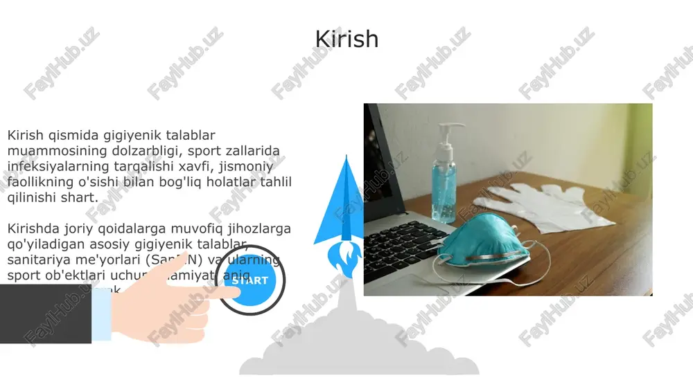dan biri ularning formasi toza bo'lishi, har kuni almashtirilishi va kamida 60 daraja haroratda yuvilishi kerak. 06 05 04 tekshiruv va monitoring 01 02 tekshiruv va monitoring jarayonida, kamida 10% uskunalar yuzasida mikroblar soni tekshiriladi. agar ko'rsatkichlar me'yordan oshsa, qo'shimcha dezinfeksiya choralari ko'riladi. monitoring davomida, har bir mashg'ulotdan keyin 5-10 daqiqa davomida dezinfeksiya vositalari bilan ishlov berish protokollari qat'iy bajarilishi kuzatiladi. xulosa jismoniy mashqlar uskunalarining gigiyenik holati jamoat salomatligi uchun muhim, chunki bakteriyalar va viruslar 72 soatgacha yuzalarda saqlanishi mumkin. gigiyenik talablarga rioya qilish, masalan, har foydalanishdan keyin uskunani tozalash, sport zalida 30% dan ortiq infektsiyalarning tarqalishini kamaytirishi mumkin. e'tiboringiz uchun rahmat image5.jpg image6.jpg image7.jpg image8.jpg image9.jpg image10.jpg image11.jpg image12.jpg image13.jpg image14.jpg image15.jpg image16.jpg image1.jpeg image2.jpeg image3.jpeg image4.jpeg