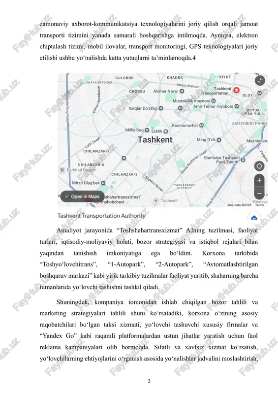 i zamonaviylashtirish bo‘yicha yetakchi tashkilotlardan biri sanaladi. “toshshahartransxizmat” ajning asosiy faoliyati — toshkent shahri va unga yondosh tumanlarda avtobus, elektrobus va boshqa turdagi shahar yo‘lovchi transporti harakatini muvofiqlashtirish, belgilangan jadval asosida xizmat ko‘rsatish, aholining xavfsiz, qulay va samarali harakatlanishini ta’minlashdan iborat. aytish mumkinki, bu korxona poytaxt aholisining transportga bo‘lgan kundalik ehtiyojini barqaror va ishonchli tarzda qondirishda muhim o‘rin egallaydi. korxonaning faoliyatida ekologik xavfsizlik va energiya tejamkorligi prinsiplariga ham alohida e’tibor qaratiladi. xususan, so‘nggi yillarda elektrobuslar sonini oshirish, yoqilg‘i sarfini kamaytirish, chiqindi gazlar hajmini pasaytirish va zamonaviy “yashil transport” konsepsiyasini joriy etish orqali, ekologik barqarorlikka erishish ustuvor yo‘nalishlardan biri bo‘lib kelmoqda. “toshshahartransxizmat” aj o‘zining strukturaviy jihatdan yirik va murakkab tuzilishga ega korxonadir. unga qarashli filiallar, avtoservislar, dispetcherlik markazlari, texnik xizmat ko‘rsatish bazalari, garajlar, haydovchilarni tayyorlash va qayta tayyorlash markazlari mavjud. korxona boshqaruvi yuqori darajada tizimlashtirilgan bo‘lib, har bir bo‘linmaning o‘z funksional vazifalari aniqlangan. ayniqsa, yo‘lovchi oqimini tahlil qilish va harakat jadvalini …