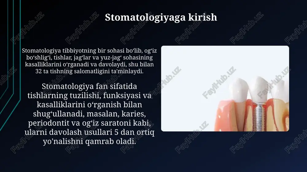 i, pulpiti va periodontit kabi kasalliklarni davolashga qaratilgan boʻlib, 80% stomatologik amaliyotini tashkil etadi. xirurgik stomatologiya tishlarni olib tashlash, implantatsiya va jagʻ-yuz sohasidagi jarrohlik amaliyotlarini oʻz ichiga oladi, 15 dan ortiq turli operatsiyalar mavjud. o'zbekistonda stomatologiyaning rivojlanishi 1930-yilda toshkentda ilk stomatologiya instituti ochilib, respublikada professional stomatologiya kadrlarini tayyorlashning boshlanishi bo'ldi va 100 talaba qabul qilindi. o'zbekistonda stomatologiya sohasida 20 dan ortiq ilmiy tadqiqot institutlari va markazlari faoliyat yuritib, innovatsion davolash usullari va texnologiyalarini ishlab chiqmoqda. stomatologiyaning kelajagi stomatologiyaning kelajagi tish kasalliklarini erta aniqlash uchun sun'iy intellektga asoslangan diagnostika vositalarining keng qo'llanilishini ko'rsatadi, bu esa 80% gacha aniqlikni ta'minlaydi. regenerativ stomatologiya, jumladan, tish emalini qayta tiklashga qaratilgan biotexnologik yechimlar, keyingi 10 yilda implantatsiya zaruratini 35% kamaytirishi kutilmoqda. e'tiboringiz uchun rahmat image1.png image2.jpg image3.jpg image4.jpg image5.jpg image6.jpg image7.jpg image8.jpg image9.jpg