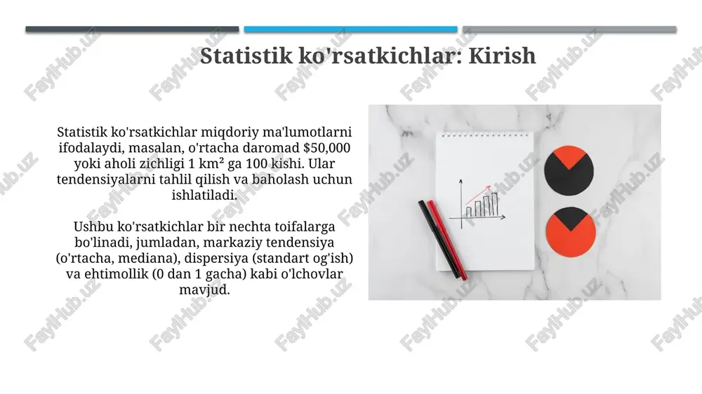 ichlar demografik ko'rsatkichlar aholining yosh tuzilishini aks ettiradi, masalan, o'rtacha yosh 32.5 yosh yoki 65 yoshdan kattalar ulushi 12% kabi ma'lumotlarni o'z ichiga oladi. tug'ilish koeffitsienti 1000 aholiga 18 tug'ilishni ko'rsatadi, bu esa mamlakatda aholi o'sishining muhim demografik o'zgarishlaridan darak beradi. atrof-muhit ko'rsatkichlari atrof-muhit ko'rsatkichlari davlatning ekologik holatini baholash uchun ishlatiladi va atmosfera ifloslanishi darajasi, suv resurslarining sifati va biologik xilma-xillikning yo'qolish sur'ati kabi ma'lumotlarni o'z ichiga oladi. ko'rsatkichlar tabiiy resurslardan foydalanish samaradorligini aniqlashga yordam beradi, masalan, bir tonna mahsulot ishlab chiqarish uchun sarflangan suv hajmi yoki bir gektar yerda olingan hosil miqdori, solishtiruv tahlil imkoniyatini beradi. ishlab chiqarish ko'rsatkichlari ishlab chiqarish hajmi ko'rsatkichi, masalan, 1000 dona mahsulot, xomashyo va materiallar sarfini, energiyaga bo'lgan xarajatlarni hisobga olgan holda umumiy ishlab chiqarish miqdorini ifodalaydi. ishlab chiqarish unumdorligi ko'rsatkichi, xodimning 1 soatda ishlab chiqargan mahsulot miqdori (masalan, 5 dona/soat) kabi mehnat samaradorligini baholashda muhim ahamiyatga ega. moliyaviy ko'rsatkichlar rentabellik ko'rsatkichlari, masalan, sof …