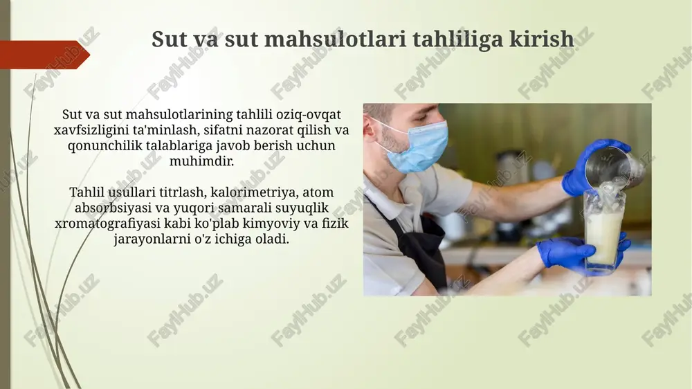 ishi mumkin. turli xil sut mahsulotlaridagi kislotalilikning solishtirma tahlili turli xil sut mahsulotlarida titrlanadigan kislotalilik farqlanadi, masalan, yangi sutda 0,16-0,18°t bo'lsa, fermentlangan mahsulotlarda laktik kislota hosil bo'lishi tufayli 100°t dan oshishi mumkin. pishloqning kislotaliligi uning yetilish jarayoni va bakteriyalar faolligi bilan bog'liq. yumshoq pishloqlarda kislotalilik yuqori, qattiq pishloqlarda esa kamroq bo'lishi mumkin, ph darajasi 5.1 dan 6.8 gacha o'zgaradi. turli xil sut mahsulotlaridagi yog' miqdorining solishtirma tahlili turli xil sut mahsulotlarida yog' miqdori sezilarli darajada farq qiladi, masalan, sigir sutida o'rtacha 3,5% yog' bo'lsa, qaymoqda bu ko'rsatkich 30% dan oshishi mumkin. yog' miqdorining solishtirma tahlili shuni ko'rsatadiki, past yog'li sut mahsulotlari (odatda 0,5% dan kam yog') yurak-qon tomir kasalliklari xavfini kamaytirish uchun tavsiya etiladi. turli xil sut mahsulotlaridagi protein miqdorining solishtirma tahlili sigir sutidan tayyorlangan pishloqlar odatda 25% dan 30% gacha proteinni o'z ichiga oladi, bu esa yog'siz yogurt tarkibidagi 10% protein miqdoridan sezilarli darajada yuqori. tarkibida o'simlik oqsillari bo'lgan …
