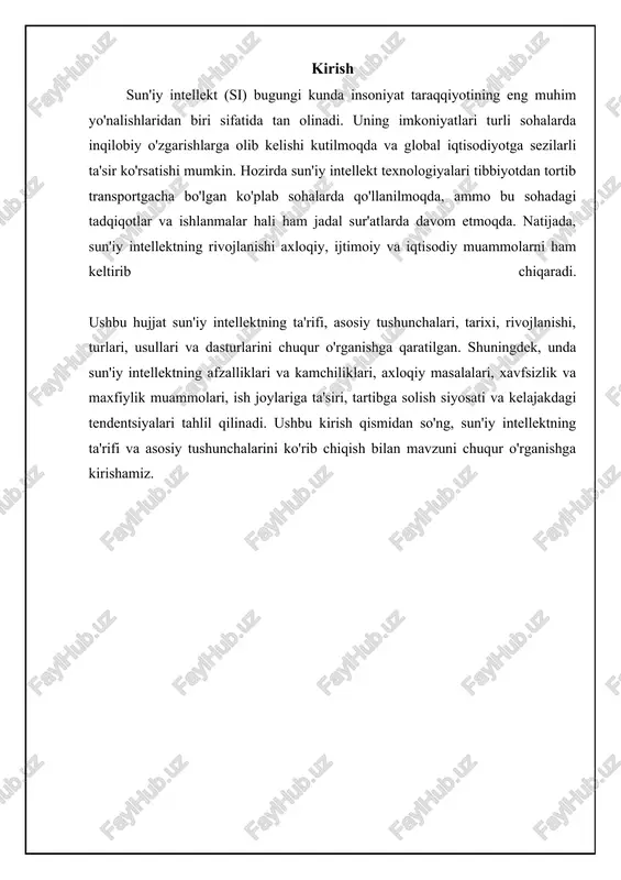 sining nazoratsiz rivojlanishi insoniyat uchun xavf tug'dirishi mumkinligidan xavotirda. 📈 sun'iy intellekt sohalarining ulushi sun'iy intellekt sohalarining umumiy rivojlanishdagi foiz ulushi sun'iy intellekt: asoslar va tushunchalar mashinani o'rganish (machine learning) va uning asosiy usullari mashinani o'rganish sun'iy intellektning muhim yo'nalishi bo'lib, kompyuterlarga aniq dasturlashsiz o'rganish imkoniyatini beradi. bu ma'lumotlardan naqshlarni aniqlash va kelajakdagi ma'lumotlar haqida bashorat qilishni o'z ichiga oladi. mashinani o'rganish usullari juda xilma-xildir, jumladan, nazorat ostida o'rganish (supervised learning), nazorat ostida bo'lmagan o'rganish (unsupervised learning) va mustahkamlovchi o'rganish (reinforcement learning). nazorat ostida o'rganishda, algoritm ma'lumotlar to'plamidan (odatda, labeled data) o'rganadi va yangi ma'lumotlar uchun tegishli chiqishni bashorat qiladi. misol uchun, elektron pochta xabarlarini spam yoki spam emasligini aniqlash uchun ishlatiladigan algoritm. nazorat ostida bo'lmagan o'rganish, ma'lumotlarda yashirin tuzilmalarni topishga qaratilgan, bunda ma'lumotlar belgilangan emas. bunga misol sifatida mijozlarni xarid xususiyatlariga ko'ra guruhlash mumkin. mustahkamlovchi o'rganish esa agentning atrof-muhit bilan o'zaro ta'siriga asoslanadi, bunda agent to'g'ri harakatlar uchun mukofotlanadi …