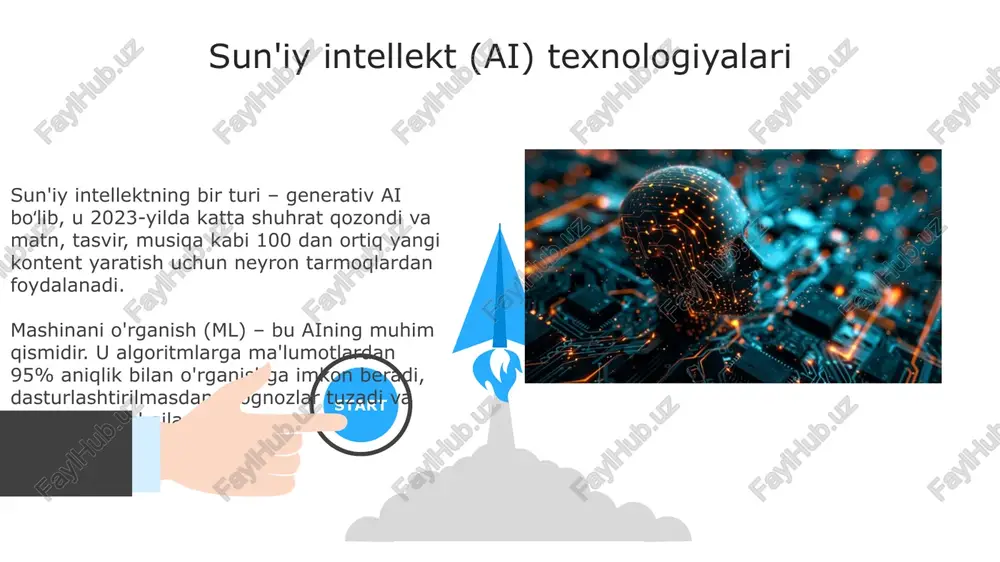 iqlash, shu bilan davolash samaradorligini oshiradi. ai radiologiya sohasida 92% aniqlik bilan tasvirlarni tahlil qilib, radiologlar ishini yengillashtiradi va xatolarni kamaytiradi. 06 05 04 moliya sohasida ai: prognozlash va avtomatlashtirish 01 02 ai moliyaviy prognozlashda 70% aniqlikka erishishi mumkin, bu esa risklarni kamaytirish va investitsiyalarni optimallashtirish imkonini beradi. avtomatlashtirilgan savdo robotlari sekundiga minglab operatsiyalarni bajarib, 24/7 rejimida foyda olish imkoniyatini yaratadi. ishlab chiqarishda ai: sifat nazorati va optimallashtirish ai sifat nazoratida vizual tekshirish orqali xatoliklarni 90% aniqlik bilan aniqlay oladi, bu esa inson tekshiruvidan ko'ra 30% tezroqdir. ai ishlab chiqarish jarayonlarini optimallashtirish uchun prognozlash algoritmlaridan foydalanadi, bu esa chiqindilarni 15% ga kamaytiradi va samaradorlikni 20% ga oshiradi. ai etikasi: muammolar va yechimlar aining shaffofligi muammosi, 2023-yilda algoritmik qarorlarning tushunarsizligi bilan bog'liq. yechim sifatida xai (tushuntiriladigan ai) texnologiyalari, masalan, lime va shap qiymatlari qo'llanilishi mumkin. diskriminatsiya va adolatsizlik ai tizimlarida katta muammo. muammoni hal qilish uchun ma'lumotlar to'plamlaridagi 95% biaslarni kamaytirish …