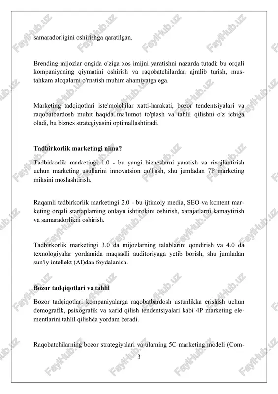 i, bu an'anaviy usullardan 25% ga samaraliroq, roi ni oshiradi. ma'lumotlar tahlili orqali, raqamli marketing kampaniyalari 75% ga maqsadli auditoriyaga yo'naltirilgan bo'lib, byudjetni 30% gacha tejash imkonini beradi. seo optimallashtirish orqali veb-sayt trafigi 50% ga oshishi mumkin, bu esa brendning onlayn ko'rinishini 40% ga yaxshilaydi va sotuvlarni ko'paytiradi. kontent marketingi va hikoya qilish kontent marketingida hikoya qilish brend xabardorligini 70% ga oshirishi mumkin, chunki shaxsiy hikoyalar auditoriyani jalb qilish va hissiy aloqani o'rnatishga yordam beradi. muvaffaqiyatli kontent marketing kampaniyasi uchun hikoya qilish 5w+1h (kim, nima, qayerda, qachon, nega, qanday) tamoyillariga asoslanishi maqsadga muvofiqdir. hikoya qilish orqali mahsulotning 3 ta asosiy afzalligini namoyish etish, xaridorning qaror qabul qilish jarayonini 45% ga tezlashtiradi, chunki u ishonchni mustahkamlaydi. ijtimoiy tarmoqlar marketingi ijtimoiy tarmoqlar marketingida roi (investitsiyalarning qaytarilishi) ni o'lchash muhim, chunki u kompaniyaning marketing xarajatlaridan qancha foyda olayotganini ko'rsatadi, masalan, har bir 100 000 so'm sarflangan pulga necha so'm foyda olinmoqda. influencer marketingi …