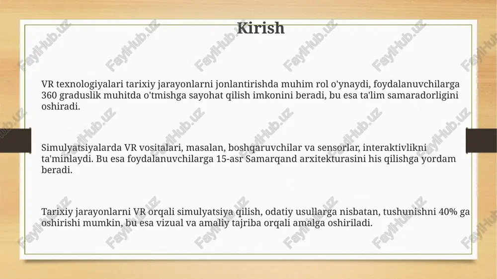 h mumkin. vrning ta'lim sohasidagi afzalliklari vr talabalarga 3d muhitda interaktiv ta'lim olish imkonini berib, mavzularni 50% gacha yaxshiroq tushunishga yordam beradi, bu esa passiv o'qishdan ustunroqdir. vr simulyatsiyalari xavfli 4 xil sharoitlarda (masalan, jarrohlik amaliyoti) real tajriba orttirishga imkon beradi, bu esa xatolarni kamaytiradi va talabalarni tayyorlaydi. vr darslari 7 xil o'quv uslubiga moslashishi mumkin, bu esa talabalarning 90% dan ortig'iga shaxsiylashtirilgan ta'lim olish imkoniyatini yaratadi. tarixiy simulyatsiyalarning turlari urush simulyatsiyalari muhim, misol uchun, stalingrad jangini qayta yaratish. asosiy maqsadi 2-jahon urushining 1942-1943-yillardagi taktikalarini o'rganish va tarixiy qarorlarning ta'sirini tahlil qilishdir. arxeologik rekonstruktsiyalar, masalan, qadimgi rim 3d modellarini yaratish, artefaktlarni raqamli tarzda tiklash va joylarni vr orqali o'rganishni o'z ichiga oladi, bu esa tadqiqotchilarga vizual tajriba beradi. ijtimoiy-iqtisodiy simulyatsiyalar, xviii asrdagi angliyadagi sanoat inqilobini modellashtirishi mumkin. ular ijtimoiy o'zgarishlar, migratsiya namunalari va iqtisodiy o'sish dinamikasini o'rganishga yordam beradi. vr simulyatsiyalarini yaratish jarayoni vr simulyatsiyasini yaratish bir nechta qadamdan iborat: …