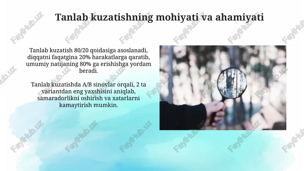 ni nazarda tutadi. tanlab kuzatishning kelajakdagi tendentsiyalari kelajakda tanlab kuzatish, sun'iy intellekt (si) va mashinaviy o'qitish algoritmlari orqali avtomatlashtiriladi, bu esa ma'lumotlarni tahlil qilish tezligini 50% ga oshiradi. blokcheyn texnologiyasi ma'lumotlarning xavfsizligi va shaffofligini ta'minlash uchun tanlab kuzatish jarayonlariga integratsiya qilinadi, bu esa autentifikatsiyani 99% ga yaxshilaydi. xulosa va tavsiyalar xulosa qismida 95% ishonch oralig'ida olingan natijalarni taqdim etish va o'rganilgan 3 ta asosiy omil bo'yicha umumiy xulosalarni shakllantirish muhim. tavsiyalarda 3-5 yillik istiqbolni hisobga olgan holda, aniq moliyaviy ko'rsatkichlar va resurslarni taqsimlash bo'yicha ko'rsatmalarni berish kerak. e'tiboringiz uchun rahmat image2.jpg image3.jpg image4.jpg image5.jpg image6.jpg image7.jpg image8.jpg image9.jpg image10.jpg image11.jpg image12.jpg image13.jpg image1.png