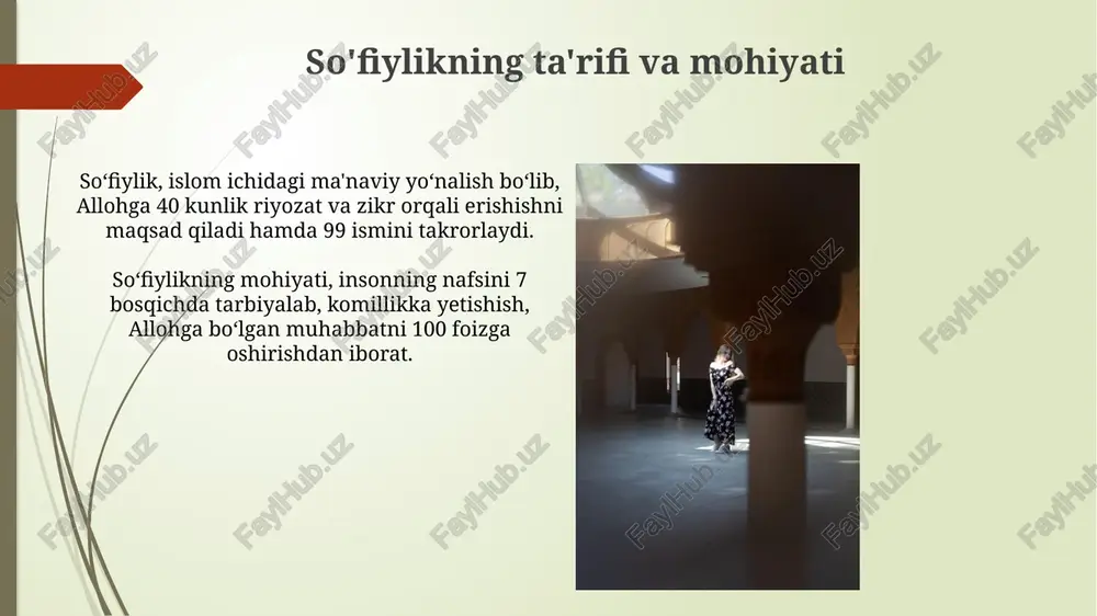 ' va 'zuhd' amallari orqali amalga oshiriladi. so'fiylik va ilm-fan so'fiylik, ix-xii asrlarda ilm-fanning rivojlanishiga, xususan, matematika, astronomiya va tibbiyot sohalariga sezilarli ta'sir ko'rsatdi, yangi g'oyalar yaratilishiga turtki berdi. al-xorazmiyning algebra va muhammad al-g'azzoliyning mantiqiy fikrlash usullari so'fiylikning ilmiy bilimlarni izlashga bo'lgan intilishini aks ettiradi, bu esa ilm-fan taraqqiyotiga xizmat qildi. so'fiylik va san'at so'fiylik san'ati 12 maqom an'anasida namoyon bo'ladi, bu musiqa va she'riyat orqali ma'naviy yuksalishning 12 bosqichini ifodalaydi. so'fiylikda xattotlik muhim ahamiyatga ega, arab alifbosining 28 harfi allohning ismlari va sifatlarini vizual tarzda aks ettiradi. o'zbekiston madaniyatida so'fiylikning o'rni naqshbandiya tariqati o'zbekiston madaniyatida muhim o'rin tutadi, ayniqsa buxoro shahri bilan bog'liq bo'lib, uning asoschisi bahouddin naqshband 1318-1389 yillarda yashagan. bu tariqat islomiy ma'naviyatni chuqur qadrlaydi. xoja ahror valiy kabi so'fiy olimlar xv asrda siyosiy va ijtimoiy hayotga katta ta'sir ko'rsatgan, ilm-fan va madaniyatni rivojlantirishga hissa qo'shgan, ularning merosi bugungi kungacha saqlanib qolgan. mashhur o'zbek so'fiylari va ularning …
