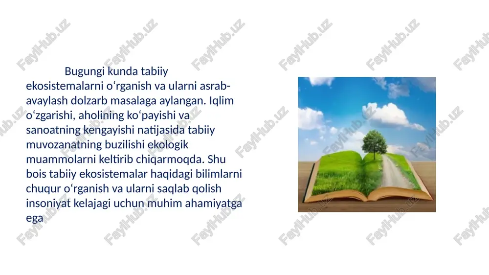 illiy bog‘i) daryo va amudaryo, amudaryo bo‘yidagi tugai (mangrovga yaqin) o‘rmonlar ham tabiiy muhitga kiradi. quruq sharoitlarda suv manbalari yaqinidagi botqoqlar, qurilish bo‘yicha hududlarda kichik tabiiy yamoqlar. tushum, translo­katsiya, ajralish, yog‘inlar va boshqa jarayonlar ko‘zda tutilgan . ekologik suktsessiya (o‘zgarish jarayoni) suktsessiya — ekosistemaning vaqt davomida tarkibiy jihatdan o‘zgarishi va yangilanishi jarayoni. bosqichlari: • primer (asosiy) suktsessiya — boshlang‘ich joyda (misol: tosh, lava, qirg‘oq) hayot yo‘q bo‘lgan joyda boshlanadi. • sekunder (ikkinchi darajali) suktsessiya — nimadir yo‘q qilingan joyda (o‘rmon yong‘ini, qirqish) qayta tiklanish jarayoni. suktsessiya davomida o‘simlik va hayvonlar turlari bosqichma-bosqich o‘zgardi, ekosistema murakkablashadi va barqarorlashadi. ekosistemaning barqarorligi va o‘zgaruvchanligi barqarorlik (stabilite) — ekosistema tashqi omillarga qaramay muvozanatda qolish qobiliyati. rezilientsiya — stress yoki muammolar (qurg‘oqchilik, sel, inson aralashuvi)dan keyin o‘z holatiga qaytish qobiliyati. o‘zgaruvchanlik — ekosistemada ichki dinamik jarayonlar (turlar almashuvi, iqlim o‘zgarishi) tufayli doimiy harakat. tabiiy ekosistemalar murakkab, ko‘p o‘zaro bog‘liqliklar mavjud bo‘lgan tizim bo‘lib, kichik omil …