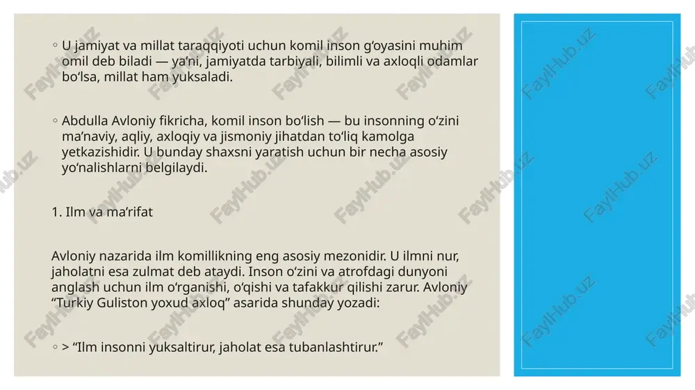 ammallikka intilishi demakdir. avloniy “komil inson”ni nafaqat o‘z manfaatini ko‘zlovchi shaxs, balki xalq va jamiyat uchun xizmat qiluvchi inson sifatida tasvirlaydi. u ilmni jaholatga qarshi qurol, axloqni esa insonning eng oliy fazilati deb biladi. tarbiya, ta’lim va fikr tarbiyasining uyg‘unligi orqali inson o‘zini kamolga yetkazishi, natijada esa jamiyatning ma’naviy-ma’rifiy darajasi oshishini ta’kidlaydi. avloniyning qarashlarida har bir insonning kamoloti millatning kelajagi bilan chambarchas bog‘langan. shu bois u yosh avlodni ilmli, axloqli, vatanparvar qilib tarbiyalashni eng muhim vazifa deb bilgan. uning fikricha, komil inson — bu o‘z xalqining farovonligi, millatning yuksalishi uchun mehnat qiluvchi, hayotda ezgulik urug‘ini sochuvchi shaxsdir. xulosa qilib aytganda, abdulla avloniyning “komil inson” haqidagi g‘oyalari bugungi kunda ham o‘z ahamiyatini yo‘qotmagan. u insonni har tomonlama rivojlantirish, ma’naviy poklikka va ijtimoiy mas’uliyatga undaydigan muhim falsafiy va tarbiyaviy konsepsiya sifatida qadrlanadi. image3.jpeg image4.jpeg /docprops/thumbnail.jpeg