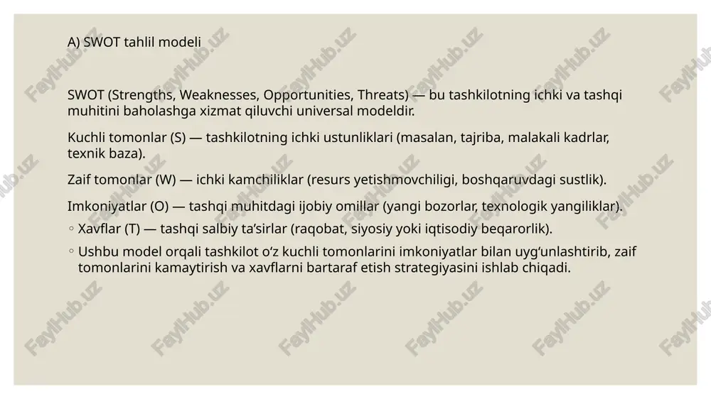 tli nuqtai nazardan boshqarish imkonini beradi. har bir modelning o‘ziga xos ustunlik va cheklovlari mavjud bo‘lsa-da, ularni kompleks qo‘llash samaradorlikni oshiradi. swot, pestel, porterning “besh kuchi”, balanced scorecard va stsenariyli rejalashtirish modellari yordamida tashkilot tashqi muhitga moslashib, raqobatbardosh strategiyalarni shakllantiradi. strategik rejalashtirish — bu nafaqat reja tuzish, balki o‘sish, barqarorlik va muvaffaqiyat sari yo‘naltirilgan tizimli boshqaruv madaniyatidir. /docprops/thumbnail.jpeg