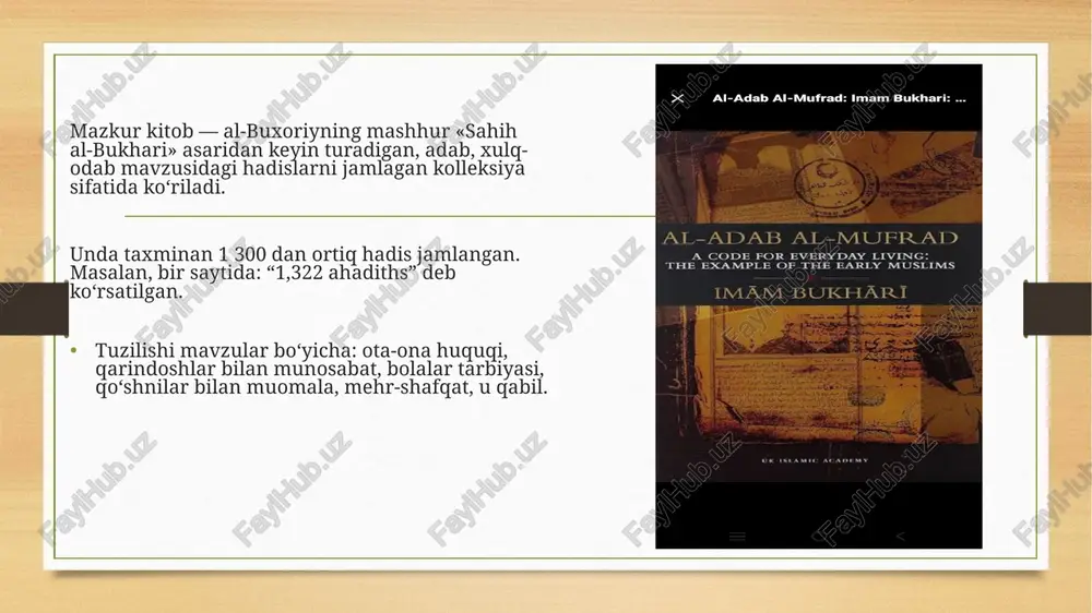on shaxsining ichki va tashqi dunyosini shakllantirishga yo‘naltirilgan tarbiya manbasi. muhammad ibn ismā‘īl al‑bukhārīning bu asari axloq, muomala, ijtimoiy aloqalar, oilaviy tarbiya degan ko‘plab yo‘nalishlarni qamrab oladi. kuchli jihati — uning keng qamrovligi va tarbiyaviy yo‘nalishda bo‘lishi. cheklovlari esa — hadislarning hammasi qat’iy sahih deb baholanmaganligi, zamonaviy sharoitga to‘liq moscha bo‘lmasligi. shunga qaramay, bugungi kunda ham bu kitob axloqiy muammolarni yengishga, insonning xulqini yaxshilashga xizmat qilishi mumkin. image7.jpeg image8.jpeg image3.png image4.png /docprops/thumbnail.jpeg