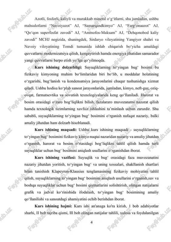masining fizikaviy mohiyatini tahlil qilish, suyuqliklarning to‘yingan bug‘ bosimini aniqlash usullarini o‘rganish,suv va boshqa suyuqliklar uchun bug‘ bosimi qiymatlarini solishtirish, olingan natijalarni grafik va jadval ko‘rinishida ifodalash, to‘yingan bug‘ bosimining amaliy qo‘llanilishi va sanoatdagi ahamiyatini ochib berishdan iborat. kurs ishining hajmi: kurs ishi an'anaga ko'ra kirish, 1 bob adabiyotlar sharhi, ii bob tajriba qismi, ill bob olingan natijalar tahlili, xulosa va foydalanilgan adabiyotlar qismidan iborati bo'lib, times new roman bosma taboqda, 14 o'lcham va 1,5 intervallarda yozilgan. kurs ishining hajmi 00 sahifadan tashkil topgan. 11 ta adabiyotlar ro'yxatidan tashkil topgan. i-bob: asosiy qism 1.1. to‘yingan bug‘ bosimi haqida tushuncha suyuqliklarning to‘yingan bug‘ bosimi - bu suyuqlikning bug‘lanish jarayonida uning bug‘ining eng yuqori bosim qiymatidir. har bir suyuqlik o‘zining xususiyatlariga ega bo‘lib, biror haroratda o‘ziga xos to‘yingan bug‘ bosimiga ega bo‘ladi. suyuqliklar va ularning bug‘lari orasidagi muvozanat shundayki, haroratni oshirganda suyuqlikning bug‘ bosimi ortadi va oxir-oqibatda suyuqlik to‘liq bug‘lanadi. bu jarayon …
