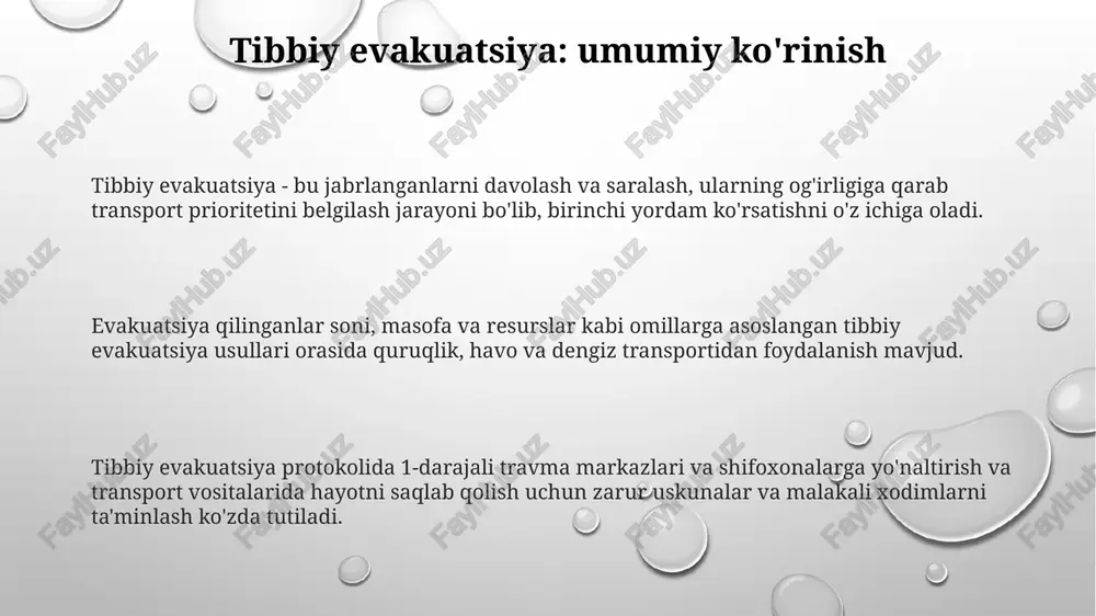 kichlarini (qon bosimi, yurak urishi, nafas olish tezligi, spo2) doimiy ravishda kuzatib borish juda muhim. barqarorlashtirish deganda, erta bosqichda zarur tibbiy muolajalarni o'tkazish tushuniladi, masalan, iv suyuqliklar, og'riq qoldiruvchi dorilar va qon quyish kabi. evakuatsiya paytida nafas yo'llarini ochiq saqlash, kislorod bilan ta'minlash va kerak bo'lsa, sun'iy nafas berish kabi chora-tadbirlar barqarorlashtirishning muhim qismidir. tibbiy xodimlar va ularning roli har bir tibbiy xodimning roli aniq belgilangan: shifokorlar klinik qarorlar qabul qiladi, hamshiralar davolanishni amalga oshiradi va tibbiyot texniklari yordam beradi. tibbiy xodimlar evakuatsiya jarayonida bemorlarning ahvolini barqarorlashtiradi, masalan, iv suyuqliklar, og'riq qoldiruvchi vositalar, bandajlar qo'llash va nafas yo'llarini boshqarish. tibbiy xodimlar evakuatsiyaga tayyorgarlik ko'rish uchun intensiv treninglardan o'tadilar, bunda travma protokollari, cpr va transport xavfsizligi bo'yicha 12 soatlik ma'ruza va amaliy mashg'ulotlar o'tkaziladi. evakuatsiyada logistika va resurslarni boshqarish evakuatsiya logistikasi 72 soat ichida tibbiy materiallar zaxirasini boshqarishni, resurslarni maqbullashtirishni va har bir bemor uchun transport vositalarini koordinatsiyalashni o'z ichiga oladi. …