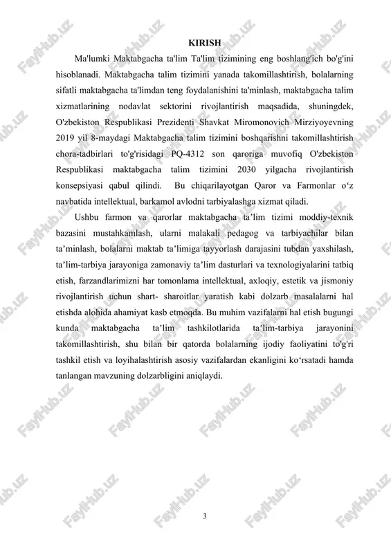 asosida vujudga kelishini isbotladi: -tafakkurning mustaqilligi; -o’quv materialining o’zlashtirilishi, tezligi va mustahkamligi. pedagogikaning asosiy vazifalaridan biri barcha bolalarning ijodiy faoliyati har tomonlama rivojlanishini ta’minlaydigan shart-sharoitlar yaratishdan iborat. 2.bolalarning ijodiy faoliyatini tashkil etishda rivojlantiruvchi markazlarning o'rni. bolalarning ijodiy faoliyatini shakllantirishda rivojlantiruvchi markazlarning o'rni beqiyosdir. o'zbekiston respublikasi prezidentining va maktabdagacha ta'lim vazirligininig maktabdagacha ta'lim tizimini yanada rivojlantirish to'g'risidagi qarorlariga muvofiq maktabgacha ta'lim tashkiloti guruhlarida 5 ta markaz tashkil etilgan: ''til va nutq", ''qurish, yasash va matematika", ''san'at", ''fan va tabiat", ''syujetli va rolli o'yinlar va sahnalashtirish" markazlar. ushbu markazlar tarbiyalanuvchilar uchun muhim o'rin kasb etadi, chunki bola markazlarda erkin faoliyat olib boradi. tarbiyachi esa ularga yordamchi sanaladi. bu esa bolalarni nutqini, erkin fikrlashini, jismoniy va ijtimoiy bilish kompitensiyalarini rivojlantiradi. bolalar ongini rivojlantirishda asosiy faoliyat turi o'yin hisoblanadi. o'yin orqali bola o'rgatilgan mashg'ulotni xotirada tez va mustahkam saqlaydi. markazlarda ham bolalar bilan o'yin orqali ishlash muhim o'rin egallaydi. buning uchun biz pedagoglar markazlarni …