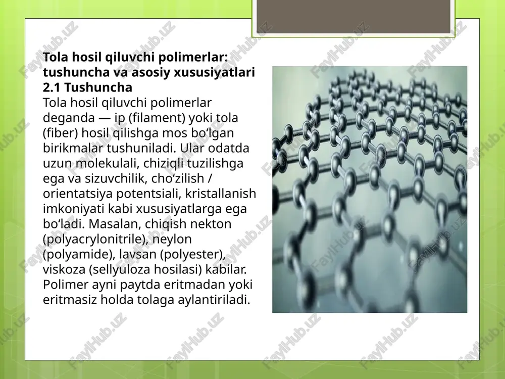 vchi omillar molekulyar massa: yuqori molekulyar massali polimerlar odatda kuchli, lekin juda yuqori bo‘lsa, tolaga aylanishi qiyin bo‘lishi mumkin. zanjir uzunligi va uning yo‘nalishi: to‘liq cho‘zilgan va yo‘nalgan zanjirlar tolada yuqori kuch hosil qiladi. masalan, tadqiqotlarda optimal o‘rab chiqilishi (“entanglement”) soni aniqlangan. kristallanish darajasi va yo‘nalish (orientation): yo‘nalgan va kristallashgan zanjirlar mustahkamlikni oshiradi, ammo kristallanish ortishi bilan egiluvchanlik kamayishi mumkin. kimyoviy guruhlar va zanjir o‘zaro ta’siri: polar guruhlar, vodorod bog‘lari, intermolekulyar kuchlar ham tolani shakllantirishda muhim. masalan, “polimer zanjiridagi polar guruh bilan o‘zaro ta’siri, namlikni yutish, bo‘yoqni qabul qilish va termal xossalarni belgilaydi.” spinning (ip hosil qilish) va cho‘zish (drawing) jarayonlari: tolani hosil qilish jarayonida eritmadan chiqarish, cho‘zish, sovitish, qotish — ularning barchasi tolaning ichki strukturasi va xossalariga ta’sir qiladi. xulosa tolali sanoat uchun tola hosil qiluvchi polimerlar juda muhim rol o‘ynaydi. ularning xossalarini nazorat qilish — aniq va qator omillarni boshqarishni talab qiladigan murakkab jarayon. polimerning tuzilishi (molekulyar massa, …
