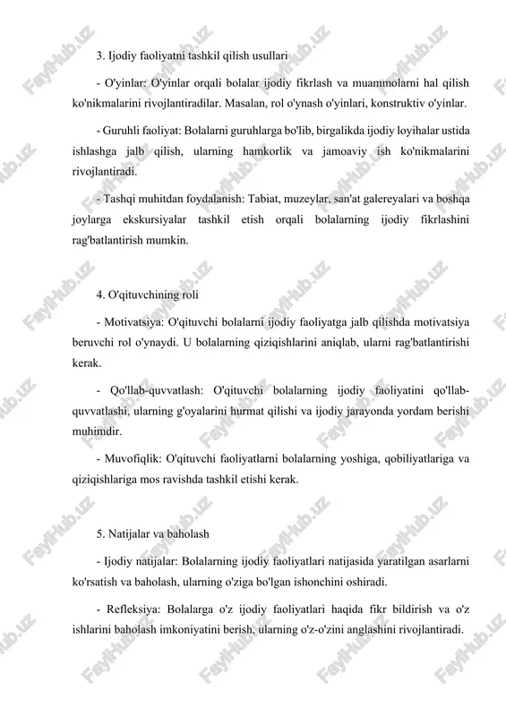 san'at galereyalari va boshqa joylarga ekskursiyalar tashkil etish orqali bolalarning ijodiy fikrlashini rag'batlantirish mumkin. 4. o'qituvchining roli - motivatsiya: o'qituvchi bolalarni ijodiy faoliyatga jalb qilishda motivatsiya beruvchi rol o'ynaydi. u bolalarning qiziqishlarini aniqlab, ularni rag'batlantirishi kerak. - qo'llab-quvvatlash: o'qituvchi bolalarning ijodiy faoliyatini qo'llab-quvvatlashi, ularning g'oyalarini hurmat qilishi va ijodiy jarayonda yordam berishi muhimdir. - muvofiqlik: o'qituvchi faoliyatlarni bolalarning yoshiga, qobiliyatlariga va qiziqishlariga mos ravishda tashkil etishi kerak. 5. natijalar va baholash - ijodiy natijalar: bolalarning ijodiy faoliyatlari natijasida yaratilgan asarlarni ko'rsatish va baholash, ularning o'ziga bo'lgan ishonchini oshiradi. - refleksiya: bolalarga o'z ijodiy faoliyatlari haqida fikr bildirish va o'z ishlarini baholash imkoniyatini berish, ularning o'z-o'zini anglashini rivojlantiradi. - ota-onalar bilan hamkorlik: ota-onalarni bolalarning ijodiy faoliyatlariga jalb qilish, ularning qiziqishlari va muvaffaqiyatlarini baham ko'rish, ta'lim jarayonini yanada samarali qiladi. xulosa rivojlanish markazlari bolalarga o'zlarining shaxsiy ko'nikmalari va qiziqishlaridan kelib chiqqan holda ta'lim-tarbiya jarayonini mustaqil individuallashtirish imkoniyatini beradi. masalan, san'at markazida bir …