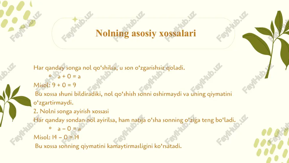 ‘lish amallarida neytral rol o‘ynaydi — ya’ni u sonning qiymatini o‘zgartirmaydi. karimov a., qodirov b. “boshlang‘ich sinflarda matematika”. – toshkent: o‘qituvchi nashriyoti, 2022. yo‘ldoshev n., raxmatova m. “matematika o‘qitish metodikasi”. – toshkent: fan va texnologiya, 2021. o‘zbekiston respublikasi xalq ta’limi vazirligi. “matematika fanidan darslik (2–3-sinflar uchun)”. – toshkent: o‘zbekiston, 2023. xulosa eʼtiboringiz uchun tashakkur image9.png image10.svg image1.png image2.svg image3.png image4.svg image5.png image6.svg image7.png image8.svg image15.png image16.svg image17.png image18.svg image19.png image20.svg image11.png image12.svg image13.png image14.svg image21.png image22.svg image23.png image24.svg image25.png image26.svg image27.png image28.svg image29.png image30.svg image35.png image36.svg image37.png image38.svg image31.png image32.svg image33.png image34.svg image39.png image40.svg image41.png image42.svg image43.png image44.svg image45.png image46.svg image47.png image48.svg image49.png image50.svg image51.png image52.svg image53.png image54.svg /docprops/thumbnail.jpeg