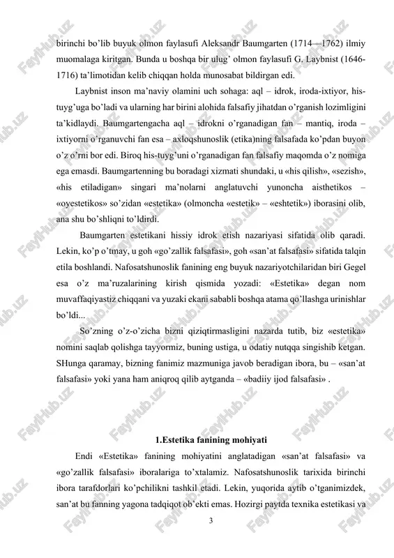 zimmasida. lekin, bu o’rinda, shuni unutmaslik kerakki, mazkur tushunchalarning har birida go’zallik, bir tomondan, unsur sifatida ishtirok esta, ikkinchi tomondan, ularning o’zi go’zallikka nisbatan unsur vazifasini o’taydi. ana shu xususiyatlarning voqelikda namoyon bo’lishini biz nafosat deb ataymiz. go’zallik, ko’rganimizdek, nafosatning bosh, etakchi xususiyati hisoblanadi. shu bois u estetikaning mezoniy tushunchalaridan biri sifatida tadqiq va talqin etiladi. zero go’zallikning ishtirokisiz yuqoridagi xususiyatlarning birortasi estetik tabiatiga ega bo’lolmaydi. masalan, ulug’vorlikni olaylik. u asosan hajmga, miqyosga miqdorga asoslanadi: buxorodagi arslonxon minorasi yoxud minorai kalon ulug’vorligi bilan kishini hayratga soladi. unga tikilar ekansiz, qalbingizni nafosat zavqi qamrab oladi. lekin xuddi shunday balandlikdagi kimyoviy korxona mo’risidan zavqlanolmaysiz. yoki yonbag’irdan turib, toqqa tikilsangiz, estetik zavq tuyasiz, ammo xuddi shunday balandlikdagi shahar chetida o’sib chiqqan axlat «tog’i»ga qarab zavqlanmaysiz. chunki arslonxon minorasi me’morlik san’ati asari sifatida go’zallik qonuniyatlari asosida bunyod etilgan; tog’ esa tabiat yaratgan ulug’vor go’zallik. zavod mo’risida ham, axlat «tog’»ida ham hajm, miqdor boru, lekin …