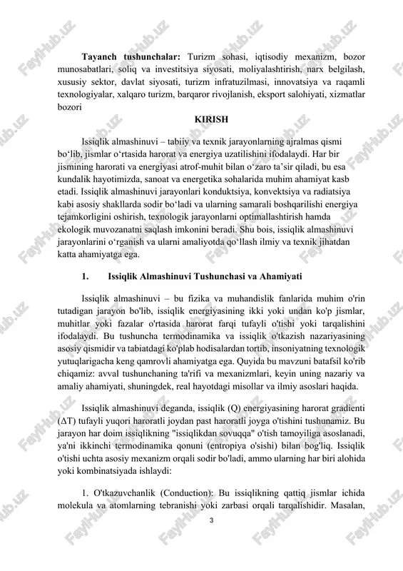 t/(m²·k⁴) doimiy, ε – emissivlik koeffitsienti (1 ga yaqin qora jismlar uchun). quyosh nurlari yer yuzasiga tushishi – klassik misol. bu mexanizmlar ko'pincha bir vaqtda ishlaydi: masalan, issiq choy stakanida o'tkazuvchanlik (stakan devorida), konveksiya (bug' ko'tarilishida) va nurlanish (bug' nurlari) birgalikda faol. issiqlik almashinuvi jarayoni har doim vaqtinchalik bo'lib, harorat tenglanganda to'xtaydi, chunki δt = 0 bo'lganda q = 0 1-rasm issiqlik almashinuvi ahamiyati: nazariy va ilmiy asoslari issiqlik almashinuvi tushunchasi fizika va muhandislikning asosiy tamoyillaridan biri bo'lib, uning ahamiyati quyidagi jihatlarda namoyon bo'ladi: · energiya saqlanishi va termodinamika: birinchi termodinamika qonuni (energiya saqlanishi) bo'yicha, issiqlik energiyasi boshqa shakllarga (ish, mexanik) o'tishi mumkin, ammo almashinuvi jarayoni ikkinchi qonunga ko'ra, entropiyani oshiradi. bu nazariya 19-asrda jozef fourier, lord kelvin va boshqalar tomonidan ishlab chiqilgan bo'lib, bugungi kunda kvant mexanikasi va nanotexnologiyalarda qo'llaniladi. masalan, issiqlik o'tkazuvchanligi materiallarning molekulyar tuzilishiga bog'liq: grafen kabi materiallar λ = 5000 vt/(m·k) ga ega, bu esa superizolyatorlar …