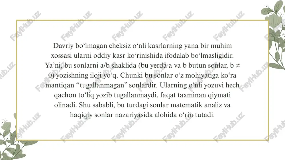 kombinatsiyalardan hosil bo‘lgan yana bir misol. shuningdek, irratsional sonlar ba’zi geometrik yoki trigonometriya masalalarida ham tabiiy ravishda hosil bo‘ladi. masalan, aylananing uzunligini diametriga nisbati π sonini beradi, bu esa o‘lchovlarda doimo davriy bo‘lmagan cheksiz o‘nli kasr sifatida namoyon bo‘ladi. yoki masalan, 45° burchakli uchburchakda gipotenuza uzunligi √2 ga teng bo‘ladi, bu esa yana irratsional son hosil qiladi. demak, davriy bo‘lmagan cheksiz o‘nli kasrlar — bu matematik hodisalarning tabiatida mavjud bo‘lgan, tugallanmagan, ammo aniq qiymatga ega sonlardir. ular matematika, fizika, muhandislik, iqtisodiyot va kompyuter fanlarida aniq, lekin cheksiz jarayonlarni ifodalashda ishlatiladi. shu bois bunday kasrlar inson tafakkurida cheksizlik va aniqlik tushunchalarini uyg‘unlashtiruvchi muhim matematik hodisalardan biri hisoblanadi davriy bo‘lmagan cheksiz o‘nli kasrlar matematika, texnika, fizika, iqtisodiyot va boshqa fanlarda keng qo‘llaniladi. ularning amaliy ahamiyati, eng avvalo, aniq, lekin tugallanmagan miqdorlarni ifodalashda namoyon bo‘ladi. ko‘plab tabiiy jarayonlar, geometrik o‘lchovlar va fizik kattaliklar o‘z ifodasida aynan irratsional, ya’ni davriy bo‘lmagan cheksiz o‘nli kasrlar …