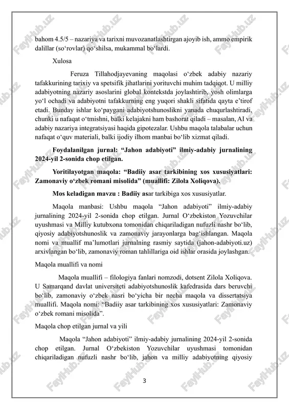 dali. uslubi ilmiy, ammo jozibali – jadval va diagrammalar (masalan, nazariy tafakkur bosqichlari sxemasi) bilan boyitilgan, bu mavzuni vizual qiladi va o‘qishni osonlashtiradi. ilmiy yangiligi – o‘zbek nazariy tafakkurini g‘arb va sharq o‘rtasidagi “ko‘prik” sifatida ko‘rsatishda, bu mavzuda kam tadqiqotlar bor; masalan, ibn sinoning estetikasi bilan navoiy nazariyasini birinchi marta chuqur solishtirgan. biroq, zamonaviy misollar (postmodern adabiyot, masalan, ulug‘bek hamdam ijodi) ko‘proq bo‘lsa, yanada to‘liq bo‘lardi – chunki 2023-yilgi kontekstda raqamli adabiyot haqida kam so‘z bor. shaxsiy fikrimcha, maqola adabiyotni “tafakkur san’ati” sifatida qayta belgilaydi, bu esa talabalar uchun ilhom beruvchi. umuman, bahom 4.5/5 – nazariya va tarixni muvozanatlashtirgan ajoyib ish, ammo empirik dalillar (so‘rovlar) qo‘shilsa, mukammal bo‘lardi. xulosa feruza tillahodjayevaning maqolasi o‘zbek adabiy nazariy tafakkurining tarixiy va spetsifik jihatlarini yorituvchi muhim tadqiqot. u milliy adabiyotning nazariy asoslarini global kontekstda joylashtirib, yosh olimlarga yo‘l ochadi va adabiyotni tafakkurning eng yuqori shakli sifatida qayta e’tirof etadi. bunday ishlar ko‘paygani adabiyotshunoslikni yanada …