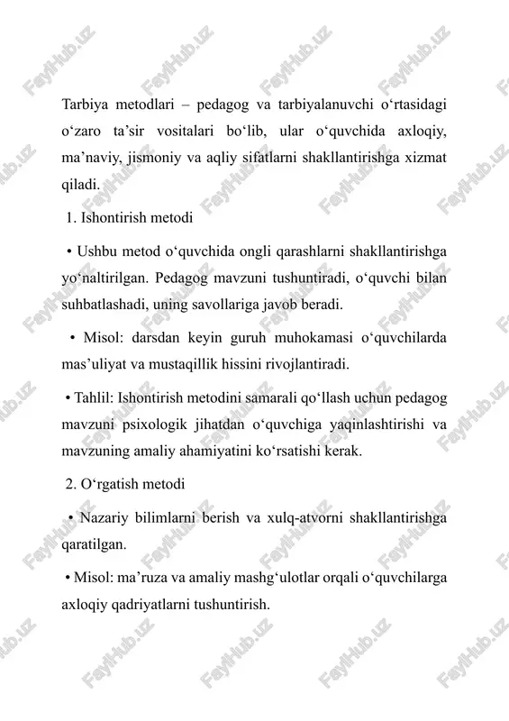 ihalari va birgalikda o‘tkaziladigan tadbirlar. 6. individual yondashuv • har bir o‘quvchiga mos metodni tanlash. • tahlil: individual yondashuv o‘quvchining qiziqish va imkoniyatlariga mos keladi, bu esa samaradorlikni oshiradi. tarbiya shakllari va ularning yangilanish yo‘nalishlari 1. an’anaviy shakllar • sinf soatlari, ma’naviyat darslari, suhbatlar, ma’ruzalar. • misol: dars davomida axloqiy vaziyatlarni muhokama qilish. 2. noan’anaviy shakllar • treninglar, loyihalar, aksiyalar, onlayn tadbirlar. • tahlil: interaktiv shakllar o‘quvchida ijodiy fikrlash va jamoaviy ishlash ko‘nikmalarini rivojlantiradi. 3. innovatsion shakllar • akt va interaktiv metodlar. • misol: onlayn testlar, multimedia darslar, virtual loyihalar. 4. shaxsiy xususiyatlarni hisobga olgan shakllar • o‘quvchining individual xususiyatlarini hisobga oladi. 5. samaradorlikni baholash shakllari • natijalarni baholash orqali pedagogik jarayonni takomillashtirish. tarbiya samaradorligini oshirishning zamonaviy yondashuvlari 1. shaxsga yo‘naltirilgan yondashuv – individual xususiyatlarga moslash. 2. akt va media vositalari – interaktiv va qiziqarli tarbiya. 3. hamkorlik pedagogikasi – o‘qituvchi, o‘quvchi va ota-onaning birgalikdagi mas’uliyati. 4. milliy va umuminsoniy …