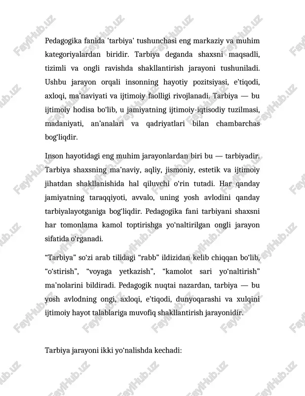 arixiy tajribasi va urf-odatlarini o‘zida mujassam etadi. umuminsoniy qadriyatlar esa insoniyat sivilizatsiyasining yuksak yutug‘idir. tarbiyada bu ikki yo‘nalish uyg‘un bo‘lishi lozim. milliy qadriyatlarni asrab-avaylash bilan birga, insonparvarlik, adolat, tinchlik va bag‘rikenglik kabi umuminsoniy qadriyatlarni ham singdirish zarur. tarbiyada oila birlamchi ijtimoiy muhit sifatida muhim o‘rin tutadi. farzandning dastlabki axloqiy, ma’naviy va ruhiy asoslari oilada shakllanadi. maktab esa bu jarayonni ilmiy va tizimli asosda davom ettiradi. jamoa esa shaxsning ijtimoiy moslashuvi va faolligini ta’minlaydi. ushbu uch omilning uyg‘unligi tarbiya samaradorligini belgilaydi. shaxs kamoloti — bu uning ma’naviy, aqliy, jismoniy va ijtimoiy jihatdan yuksalishidir. tarbiyaning asosiy maqsadi — ijtimoiy mas’uliyatli, mustaqil fikrlaydigan, vatanparvar insonni tarbiyalashdir. bu jarayonda yoshlarning tashabbuskorligi, mehnatsevarligi va jamiyatdagi faol ishtirokini rag‘batlantirish katta ahamiyat kasb etadi. shayx muhammad sodiq muhammad yusuf hazratlari o‘z asarlarida tarbiyaning mohiyatiga chuqur yondashgan. u kishi aytganlaridek: 'farzand tarbiyasi ota-onaning eng buyuk mas’uliyatidir. agar ota-ona farzandni allohdan qo‘rqadigan, halolni haromdan ajrata oladigan qilib tarbiyalasa, bu …