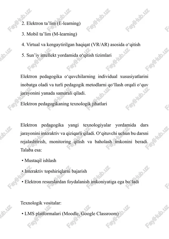jtimoiy muloqotning kamayishi • akademik halollik va nazorat muammolari elektron pedagogikada interaktiv metodlar interaktiv metodlar talabalarning faolligini oshiradi, dars jarayonini qiziqarli qiladi va bilimlarni mustahkamlashga yordam beradi. bunga quyidagilar kiradi: • muammoli topshiriqlar – talabalar muayyan vaziyatni tahlil qilib yechim topadi. • rol o‘yinlar – o‘quvchilar turli vaziyatlarni simulyatsiya qiladi. • guruh ishlari – birgalikda muammolarni hal qilish, hamkorlik ko‘nikmalarini rivojlantirish. • simulyatsiya va virtual laboratoriyalar – talaba real tajribani virtual muhitda amalga oshiradi. bu metodlar elektron pedagogikaning asosiy xususiyati bo‘lib, masofaviy va onlayn ta’lim jarayonini samarali qiladi. elektron pedagogikada baholash tizimi elektron pedagogikada baholash ham raqamli vositalar orqali amalga oshiriladi. • onlayn testlar – tezkor va aniq natija beradi • portfolio baholash – talabaning o‘zlashtirish darajasi va ijodiy ishlarini ko‘rsatadi • gamifikatsiya asosidagi baholash – o‘quvchilarni rag‘batlantiradi bu tizimlar o‘qituvchilarga va talabalar uchun o‘zini baholash imkonini yaratadi, shuningdek, bilimlarni samarali nazorat qiladi. elektron pedagogikaning jahon tajribasi dunyo bo‘ylab elektron …