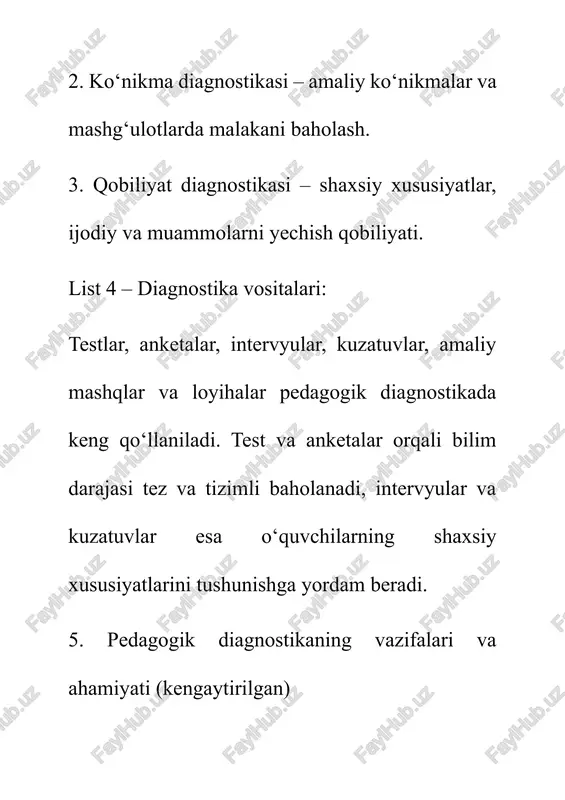 oyda: ta’lim sifatini oshirish va o‘quvchilarning shaxsiy rivojlanishini ta’minlash. 12. xulosa pedagogik diagnostika – zamonaviy ta’limning ajralmas qismidir. u o‘quvchilarning individual rivojlanishini aniqlash, dars jarayonini optimallashtirish va pedagogik qarorlarni asoslash imkonini beradi.diagnostika vositalarini to‘g‘ri tanlash va natijalarni tahlil qilish ta’lim sifatini sezilarli darajada oshiradi. shu bilan birga, pedagogik diagnostika o‘quvchilarga qobiliyatlarini rivojlantirish, ijtimoiy va ijodiy ko‘nikmalarini shakllantirish imkonini beradi. /docprops/thumbnail.emf kirish (list 1 - 2) list 1: pedagogik diagnostika – bu ta’lim jarayonida o‘quvchilarning bilim, ko‘nikma va qobiliyatlarini aniqlashga qaratilgan tizimli faoliyatdir. zamonaviy ta’limda diagnostika nafaqat o‘quv jarayonining samaradorligini oshiradi, balki o‘quvchilarning individual xususiyatlarini aniqlash va ularning rivojlanishini kuzatishga yordam beradi. list 2 (mavzuning dolzarbligi): hozirgi kunda pedagogik diagnostika ayniqsa dolzarb hisoblanadi. chunki har bir o‘quvchi o‘ziga