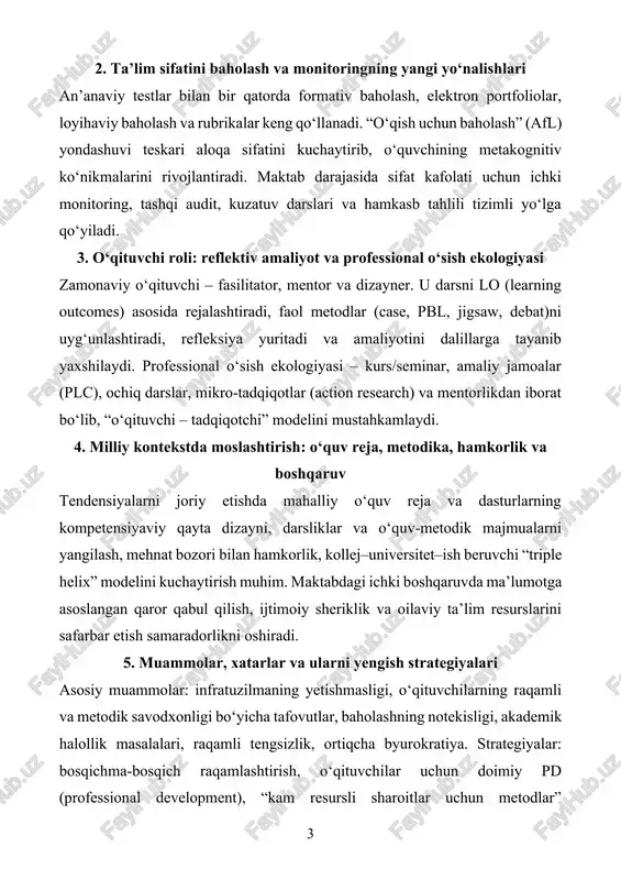 h, ochiq ta’lim resurslari (oer)dan foydalanish, maktab–ota-ona–mahalla hamkorligini mustahkamlash, xavfsiz raqamli muhit va plagiat profilaktikasi. xulosa pedagogikaning bugungi taraqqiyot tendensiyalari shaxsga yo‘naltirilganlik, kompetensiyalarni rivojlantirish, raqamli transformatsiya, inkluzivlik va sifat kafolatini bir butun tizim sifatida uyg‘unlashtirishga qaratilgan. mazkur tendensiyalarni mahalliy kontekstga mos holda tatbiq etish o‘qituvchi kasbiy madaniyatini yangilaydi, o‘quv muhitini adolatli va samarali qiladi hamda bitiruvchilarni xxi asr ko‘nikmalari bilan ta’minlaydi. eng muhimi, pedagogik innovatsiya doimiy refleksiya, hamkorlik va dalillarga tayanuvchi qarorlar bilan barqaror natija beradi. foydalanilgan adabiyotlar dewey, j. demokratiya va ta’lim. (uzbekcha tarjimalar va sharhlar asosida) vygotskiy, l. s. tafakkur va nutq. bruner, j. o‘qitish nazariyalari. hattie, j. visible learning (ko‘rinadigan ta’lim) – tadqiqotlar metatahlili. fullan, m. ta’limda o‘zgarishlarni boshqarish. shulman, l. pedagogik kontent bilimlari konsepsiyasi (pck) bo‘yicha maqolalar to‘plami. anderson, l., krathwohl, d. bloom taksonomiyasi qayta ko‘rib chiqilgan nashri. oecd hisobotlari: kompetensiyalar, baholash va sel bo‘yicha xalqaro ko‘rsatmalar. unesco: inkluziv va sifatli ta’lim bo‘yicha yo‘riqnomalar. merrill, m., …