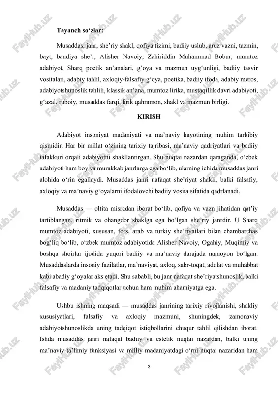 razmiy musaddasni falsafiy bahsga aylantirgan. xi asrga kelib manuchihriy domg‘oniy (1040-yil vafot) fors adabiyotida musaddasni to‘laqonli janrga aylantirgan – uning “bahor musaddasi” 42 banddan iborat bo‘lib, har band oltita misrada bahorning olti xil ko‘rinishini tasvirlaydi. xii asrda anvariy abivardiy musaddasni siyosiy satira quroliga aylantirgan – uning sulton sanjarga yozgan 27 bandlik musaddasi o‘sha davrning eng o‘tkir tanqidi edi. sa’diy “guliston”da 18 ta musaddas keltirgan, ularning har biri alohida axloqiy hikoya. jomiy “haft avrang”da 7 ta musaddas yozgan, ulardan “yusuf va zuleyxoning uchrashuvi” musaddasi 33 bandga yetadi. xv asrda o‘zbek adabiyotiga lutfiyning “gul va navro‘z” dostonidagi kichik musaddas parchalar orqali kirgan. alisher navoiy esa 1594 misra (tugallanmagan hisobda) hajmda 9 ta musaddas yozib, janrni milliy darajaga ko‘targan. navoiy musaddasda quyidagi mavzularni ochgan: · inson kamoloti (“ko‘ngul kim, ko‘yida ko‘rdum sening yuzingni mening”) · vaqt o‘tkinchiligi (“bir kun o‘tmas ki, o‘lim o‘ylamasmen”) · adolat va zulm (“podshoh zulm qilsa, xalq qon yig‘lar”) …