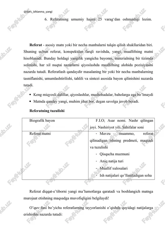 nografiyalar, davriy matbuotda maqolalar va shu kabilar) o’rganish mahoratini takomillashtirish va ularni tanqidiy tahlil etish asosida materialni mustaqil va savodli bayon qilish, dalillangan xulosalar chiqarish va takliflar berish. - yozma ishni to’g’ri rasmiylashtirish malakalarini rivojlandirish. referat materialning shunchaki bir oddiy takrorlanishi, bir yoki bir necha manbalardagi materialni o’zlashtirib olishdan iborat bo’lib qolmasligi, ya’ni ko’chirmachilik va kompilyasiya mahsuli bo’lmasligi kerak. unda referat tanlagan mavzuga oid va ishlab chiqilgan adabiyotlarda mavjud bo’lgan jamiki material tahlil qilib chiqilishi lozim. referatlar turlari bayonning to’liqligi bo’yicha axborotli (referat-konspektlari) indikativ (referat-rezyumelari) referat tayyorlanadigan manbalar soni monografik tahliliy 2.referat ustida ishlash bo’yicha yoriqnoma 1.mavzuning tanlanishi kafedra taklif qiladigan referatlar mavzulari namunaviy bo’ladi. sizning o’zingizning qiziqishlaringiz va mayllaringizga mos keladigan mavzuni tanlashga mustaqil yondashishingiz maqsadga muvofiq. siz o’z qiziqishlaringiz doirasi asosida tanlangan muammoga amal qilib va uni asoslash bilan kafedra tavsiya qilgan mavzular ro’yxatiga kirmagan referat mavzuini taklif qilishingiz mumkin. bunday vaziyatda taklif qiloyatgan referat mavzuingizni ilmiy rahbaringiz …