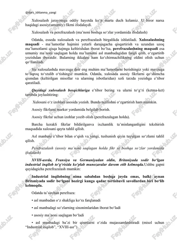 talabalarining bunday ta’lim tizimiga yetarlicha e’tibor berilmagan. bu tadqiqotning maqsadi oliy ta’lim muassasalaridagi elektron ta’lim tizimi bo‘yicha o‘qiyotgan talabalarning tajribalarini o‘rganish edi. avvalo, bir necha tadqiqotlar olib borildi, keyin esa 200 ta talabalarning elektron ta’lim tizimidagi tajribalarini o‘rganish uchun so‘rov o‘tkazildi. shu narsa aniqki, bu tadqiqot ma’lum bir chegaralar bilan cheklandi, asosan, talabalarni tanlash, bu asosan farmasevtika va qishloq xo‘jaligidagi talabalar bilan cheklangan.ish quyidagicha shakllangan. birinchi bo‘lim, asosan, talabalarning tajribasi borasida chegaralarga e’tibor qaratilgan tadqiqotlarning tahlilini o‘z ichiga oladi. ikkinchisi esa so‘rovning metodologiyasi bilan natijalarning tahlilini o‘zida mujassamlashtiradi va oxirgisi elektron ta’lim dasturlarini olib borishning oqibatlarini qamrab oladi. xulosa, odatda, kirishga qaraganda qisqaroq va turlicha bo‘lishi lozim. ko’pchilik maqolalar “sharhlar” yoki “xulosalovchi izoh”dan iborat bo‘lishi mumkin. ammo talabalar ishida yakinlovchi bo‘lim argumentlarni umumiylashtirishi va asosiy savolga javob topilganligini kitobxonga tushuntirishi lozim. yaxshi xulosalashning siri nimada? xulosalash jarayoniga oddiy hayotda ko‘p marta duch kelamiz. u biror narsa haqidagi asosiy(umumiy) fikrni ifodalaydi. …