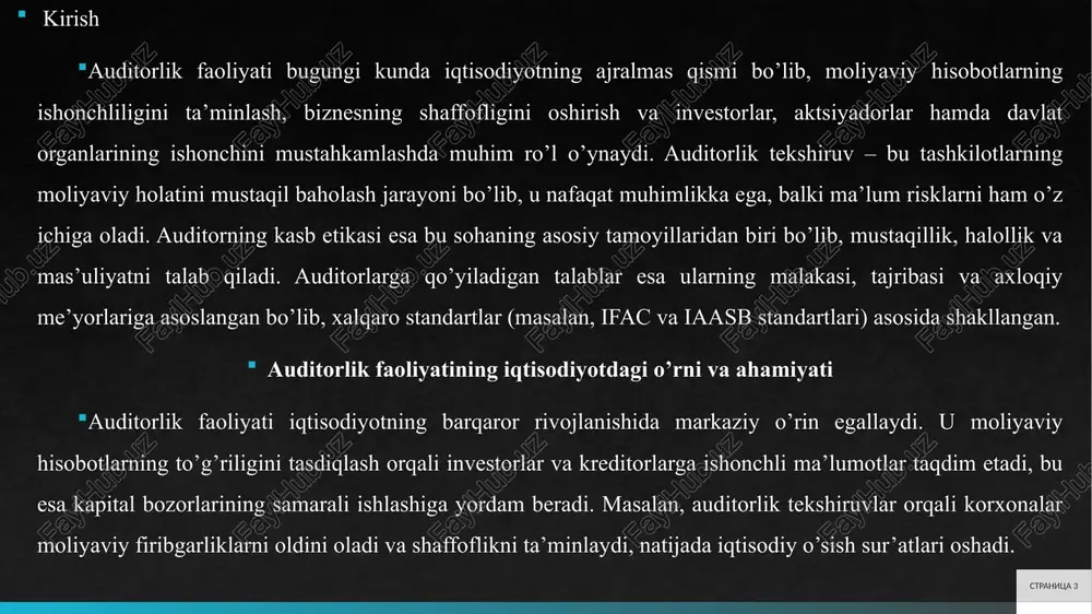i olish. auditorlik tekshiruvi soliq va buxgalteriya qonunlariga rioya etilishini nazorat qiladi, bu esa korxonaning jarimalardan qochishiga yordam beradi. uchinchidan, ichki nazorat tizimlarining samaradorligini baholash. bu vazifa orqali auditor korxonada xatoliklar va firibgarliklarning oldini olish mexanizmlarini tekshiradi.auditorlik tekshiruvi iqtisodiyotning turli sohalarida qo’llaniladi. stranitsa 6 audit riskining mohiyati va turlari (ichki, nazorat, aniqlanmagan xatolik riski) audit riski auditorlik tekshiruvi jarayonida moliyaviy hisobotlarda jiddiy xatoliklar mavjud bo’lsa-da, auditorning ijobiy xulosasini berish ehtimolini bildiradi. ushbu riskning mohiyati moliyaviy ma’lumotlarning noto’g’ri baholanishida yotadi, bu esa foydalanuvchilarni noto’g’ri qarorlar qabul qilishga olib kelishi mumkin. audit riski uchta asosiy turga bo’linadi: ichki risk, nazorat riski va aniqlanmagan xatolik riski.ichki risk korxonaning faoliyati va atrof-muhitidan kelib chiqadigan xatoliklar ehtimoli bo’lib, u moliyaviy hisobotlarda xatoliklar paydo bo’lishining tabiiy darajasini aks ettiradi. masalan, tez o’zgaruvchan bozor sharoitida korxona valyuta kurslarini noto’g’ri baholashi mumkin, bu esa balansda nomuvofiqliklarga olib keladi. ichki risk yuqori bo’lgan korxonalarda, masalan, texnologik kompaniyalarda, innovatsiyalar tufayli …