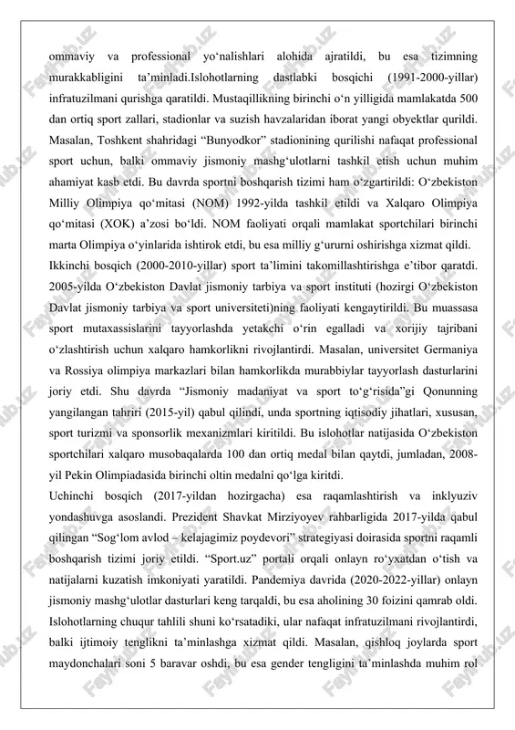 bilan hamkorlikda murabbiylar tayyorlash dasturlarini joriy etdi. shu davrda “jismoniy madaniyat va sport to‘g‘risida”gi qonunning yangilangan tahriri (2015-yil) qabul qilindi, unda sportning iqtisodiy jihatlari, xususan, sport turizmi va sponsorlik mexanizmlari kiritildi. bu islohotlar natijasida o‘zbekiston sportchilari xalqaro musobaqalarda 100 dan ortiq medal bilan qaytdi, jumladan, 2008-yil pekin olimpiadasida birinchi oltin medalni qo‘lga kiritdi. uchinchi bosqich (2017-yildan hozirgacha) esa raqamlashtirish va inklyuziv yondashuvga asoslandi. prezident shavkat mirziyoyev rahbarligida 2017-yilda qabul qilingan “sog‘lom avlod – kelajagimiz poydevori” strategiyasi doirasida sportni raqamli boshqarish tizimi joriy etildi. “sport.uz” portali orqali onlayn ro‘yxatdan o‘tish va natijalarni kuzatish imkoniyati yaratildi. pandemiya davrida (2020-2022-yillar) onlayn jismoniy mashg‘ulotlar dasturlari keng tarqaldi, bu esa aholining 30 foizini qamrab oldi. islohotlarning chuqur tahlili shuni ko‘rsatadiki, ular nafaqat infratuzilmani rivojlantirdi, balki ijtimoiy tenglikni ta’minlashga xizmat qildi. masalan, qishloq joylarda sport maydonchalari soni 5 baravar oshdi, bu esa gender tengligini ta’minlashda muhim rol o‘ynadi: ayol sportchilar soni 40 foizga yetdi.islohotlarning iqtisodiy ta’siri …