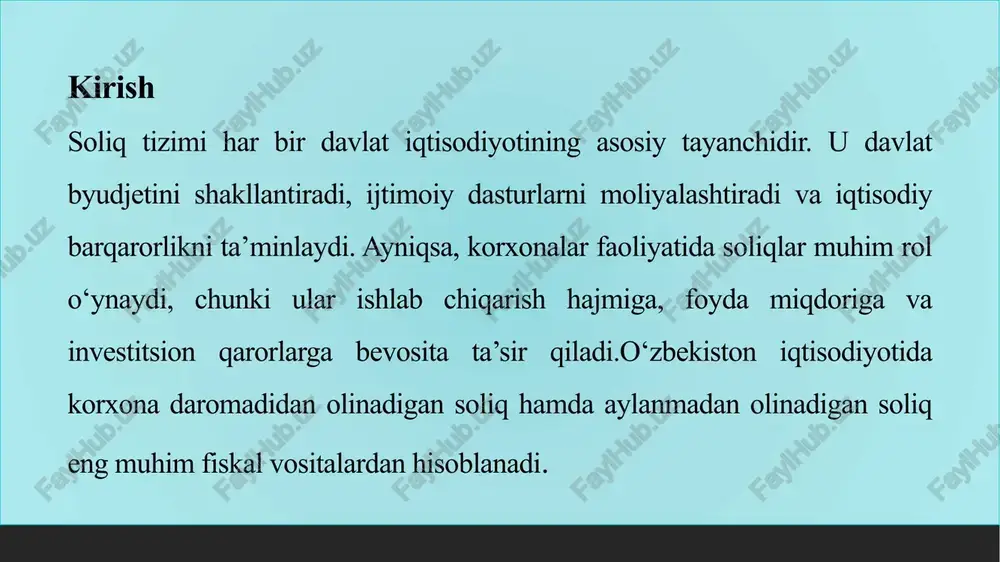 un qo‘shimcha mablag‘lar kerak bo‘ladi. 12 soliq tizimini takomillashtirish yo‘nalishlari soliq tizimini takomillashtirish iqtisodiyotning barqaror rivojlanishiga qaratilgan bo‘lib, quyidagi mexanizmlar orqali amalga oshirilishi mumkin. ushbu yo‘nalishlar soliq yukini kamaytirish, samaradorlikni oshirish va biznesni qo‘llab-quvvatlashga asoslangan. 13 soliq yukini optimallashtirish mexanizmlari raqamlashtirish va soliq nazoratini avtomatlashtirish biznes uchun soliq imtiyozlari va rag‘batlantirish siyosati soliq yukini optimallashtirish mexanizmlari soliq yukini optimallashtirish korxonalar va jismoniy shaxslar uchun soliq stavkalarini izchil kamaytirish va tizimni soddalashtirish orqali amalga oshiriladi. bu mexanizmda soliqlarning sonini qisqartirish va ularni uyg‘unlashtirish muhim o‘rin tutadi, masalan, qqs stavkasini pasaytirish yoki yagona soliq rejimlarini joriy etish. o‘zbekiston amaliyotida soliq yukini kamaytirish bo‘yicha farmonlar qabul qilingan, masalan, qqs stavkasi 15 foizga tushirilgan, bu esa korxonalar uchun moliyaviy yukni engillashtirgan. natijada, biznes subyektlari o‘z mablag‘larini investitsiyalarga yo‘naltirishi mumkin, masalan, yangi uskunalar sotib olish yoki ish o‘rinlarini ko‘paytirish. 14 raqamlashtirish va soliq nazoratini avtomatlashtirish raqamlashtirish soliq tizimining samaradorligini oshirishning asosiy vositasi bo‘lib, hisobotlarni avtomatik …