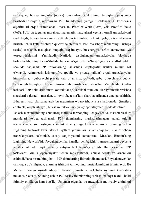h mexanizmining chuqurroq tahlilida tarmoqning kengayishi va masshtablashuv masalalari ko‘zga tashlanadi. p2p tizimlarning markazlashmagan tabiati tufayli tranzaksiyalar soni oshganda kechikishlar yuzaga kelishi mumkin. shuning uchun lightning network kabi ikkinchi qatlam yechimlari ishlab chiqilgan, ular off-chain tranzaksiyalarni ta’minlab, asosiy zanjir yukini kamaytiradi. masalan, bitcoin’ning lightning network’ida foydalanuvchilar kanallar ochib, ichki tranzaksiyalarni bevosita amalga oshiradi, faqat yakuniy natijani blokcheyn’ga yozadi. bu mexanizm p2p to‘lovlarni kunlik operatsiyalar uchun moslashtiradi, chunki tezlik va arzonlikni oshiradi.yana bir muhim jihat – p2p tizimlarning ijtimoiy dinamikasi. foydalanuvchilar tarmoqqa qo‘shilganda, ularning ishtiroki tarmoqning mustahkamligini ta’minlaydi. bu metcalfe qonuni asosida ishlaydi: tarmoq qiymati ishtirokchilar sonining kvadratiga mutanosib o‘sadi. shuning uchun p2p to‘lov tizimlarining ishlashi nafaqat texnik, balki ijtimoiy omillarga ham bog‘liq. umuman olganda, bu mexanizm moliyaviy erkinlikni ta’minlash bilan birga, global iqtisodiyotda yangi imkoniyatlar ochadi, ammo uning samaradorligi foydalanuvchilarning texnologik savodxonligiga bog‘liq. markazlashgan va markazlashmagan tizimlarning farqlari markazlashgan va markazlashmagan tizimlar o‘rtasidagi farqlar p2p to‘lovlar nazariyasining markaziy mavzusi bo‘lib, …