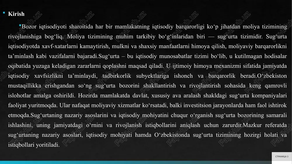 oiqtisodiy roli moliyaviy bozorni rivojlantirish, kapital oqimlarini boshqarish, iqtisodiy o‘sishga hissa qo‘shish. sug‘urta kompaniyalari investitsiya subyekti sifatida ishtirok etadi. 9. sug‘urtaning mikromiqyosdagi ahamiyati korxonalar va fuqarolarning moliyaviy xavfsizligini ta’minlaydi, risklarni kamaytiradi. ishbilarmonlik faolligini rag‘batlantiradi. 10. sug‘urtaning ijtimoiy roli aholi farovonligini saqlash, ijtimoiy himoya tizimining muhim elementi sifatida xi sug‘urta iqtisodiy kategoriya sifatida sug‘urta iqtisodiy kategoriya sifatida jamiyatning ishlab chiqarish munosabatlarida shakllangan va iqtisodiy rivojlanishning muhim omili hisoblanadi. u kapitalizmning dastlabki bosqichlarida, sanoat inqilobi davrida paydo bo‘lib, xavf-xatarlarni taqsimlash orqali iqtisodiy o‘sishni ta’minladi. iqtisodiy kategoriya sifatida sug‘urtaning asosiy xususiyati – u qo‘shilgan qiymatni yaratmaydi, balki mavjud qiymatni himoya qiladi. masalan, sug‘urta korxonaning ishlab chiqarish jarayonidagi to‘xtash xavfini qoplash orqali ishlab chiqarishning uzluksizligini ta’minlaydi, bu esa umumiy iqtisodiy samaradorlikni oshiradi.sug‘urtaning iqtisodiy kategoriya sifatidagi o‘rni uning makroiqtisodiy va mikroiqtisodiy ta’sirida namoyon bo‘ladi. mikroiqtisodiy darajada u shaxslar va korxonalar uchun xavfni diversifikatsiya qiladi: masalan, fermer sug‘urtasi hosil yo‘qotishini qoplaydi, bu esa uning investitsiyalarini xavfsizlashtiradi. …